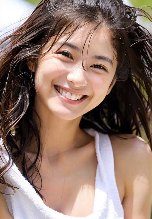 smiling woman with wet hair and white towel on head, crazy seductive smile, wet flowing hair, wet skin and windblown hair, soaking wet hair, happy fashion model face, wet face, brutal joyful face expression, smiling expression, playful smile, wet hair, happy facial expression, she expressing joy, smiling fashion model face, beautiful smiling face, happy girl, joyful smirk