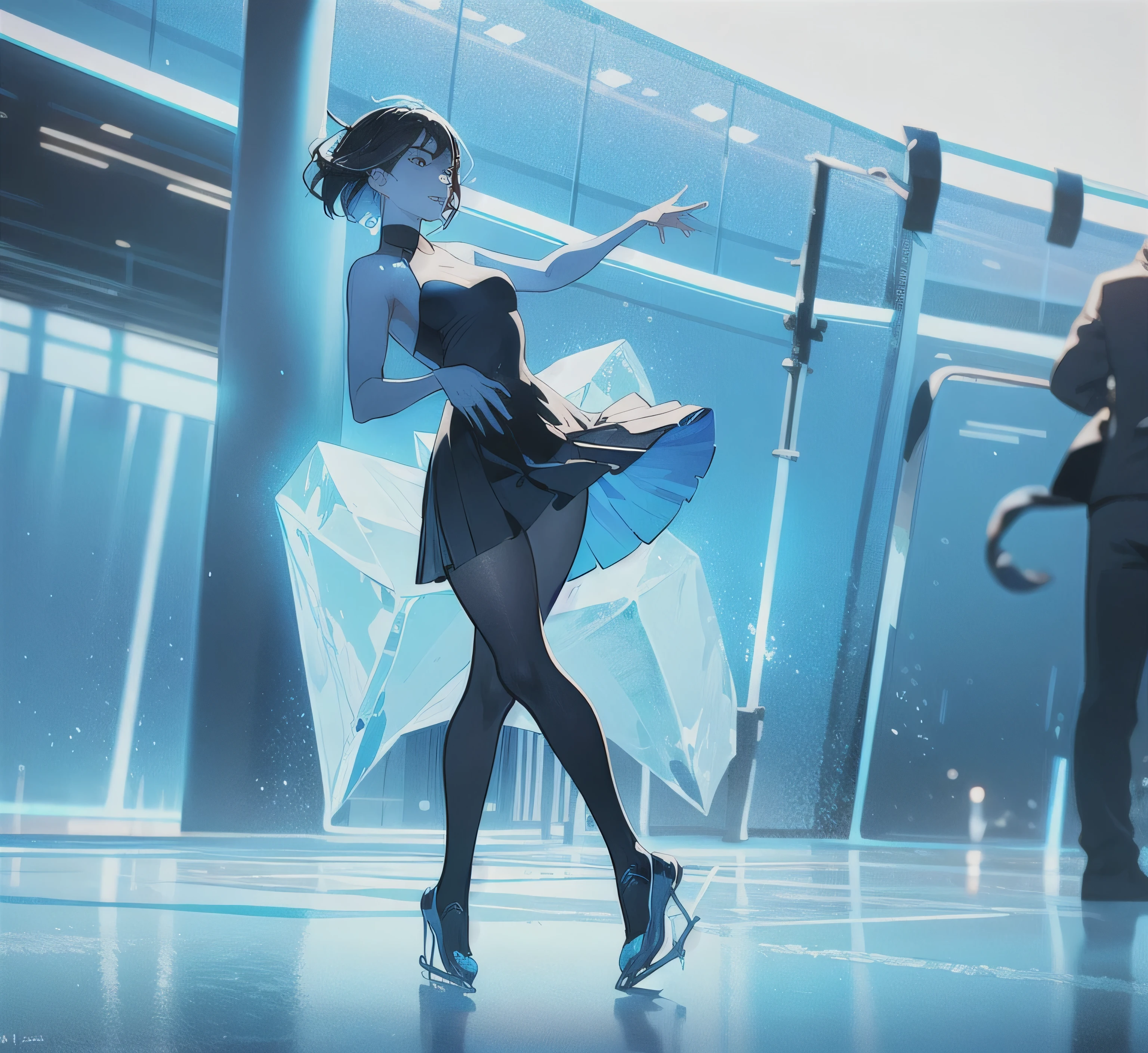 (a girl:1.1,athlete:1.1)(roller skating:1.1)(dynamic pose:1.1),swimsuit with a skirt,blue eyes,long eyelashes,beautiful detailed lips,a vibrant ice rink as the background,professional lighting,highres,realistic,frozen winter scene,vivid colors. Black short hair (a girl:1.1,athlete:1.1)(roller skating:1.1)(dynamic pose:1.1),swimsuit with a skirt,blue eyes,long eyelashes,beautiful detailed lips,a vibrant ice rink as the background,professional lighting,highres,realistic,frozen winter scene,vivid colors. Black short hair. Full body POSE, DANCE MANEUVER ON THE ICE RACK.