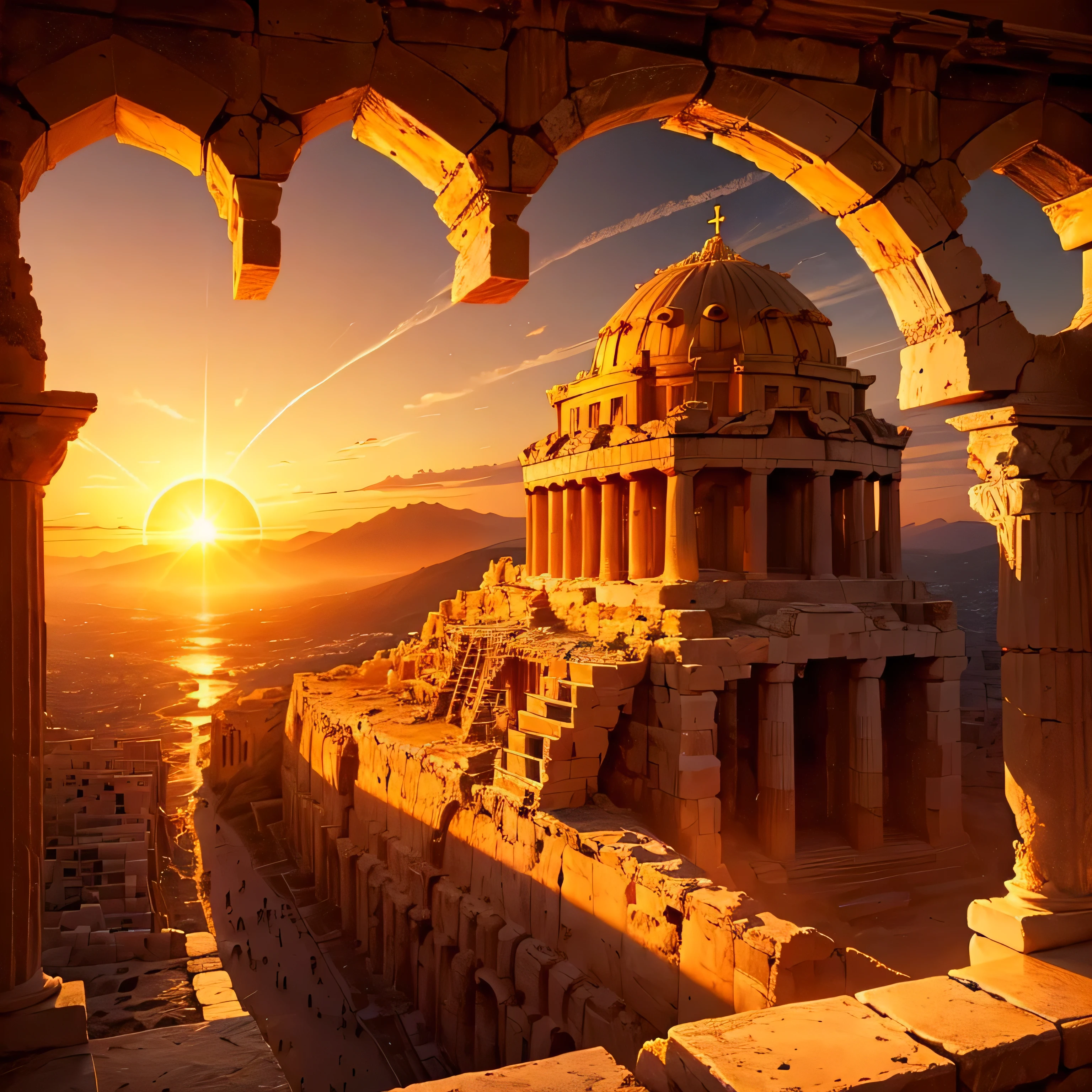 A golden land where everything shines gold 、Parthenon, Greece、Golden Ancient Ruins. with the sun setting on the horizon, Painting the sky orange and gold,Natural beauty、 In a magical scene in the late afternoon."  Lens flare