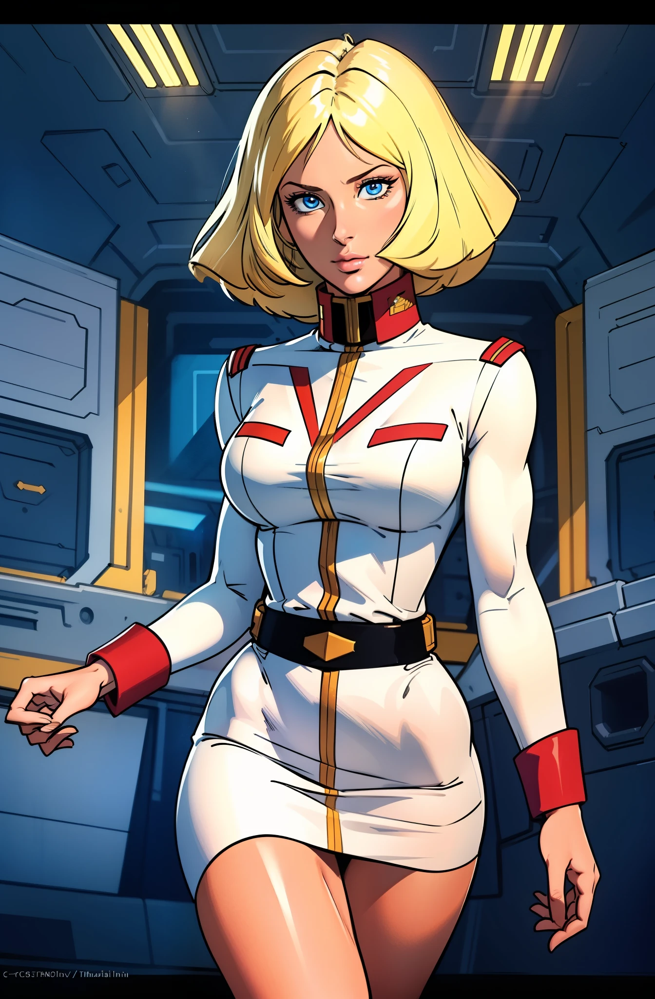 ((masterpiece)), ((cinematic lighting)), realistic photo、Real Images、Top image quality、1girl in, sayla mass, Elegant, masterpiece, Convoluted,Ultra lim arms, wide hips, thick thighs, Best Quality, absurderes, high face detail, Perfect eyes, mature, Cowboy Shot, , Vibrant colors, White uniform, Skirt,