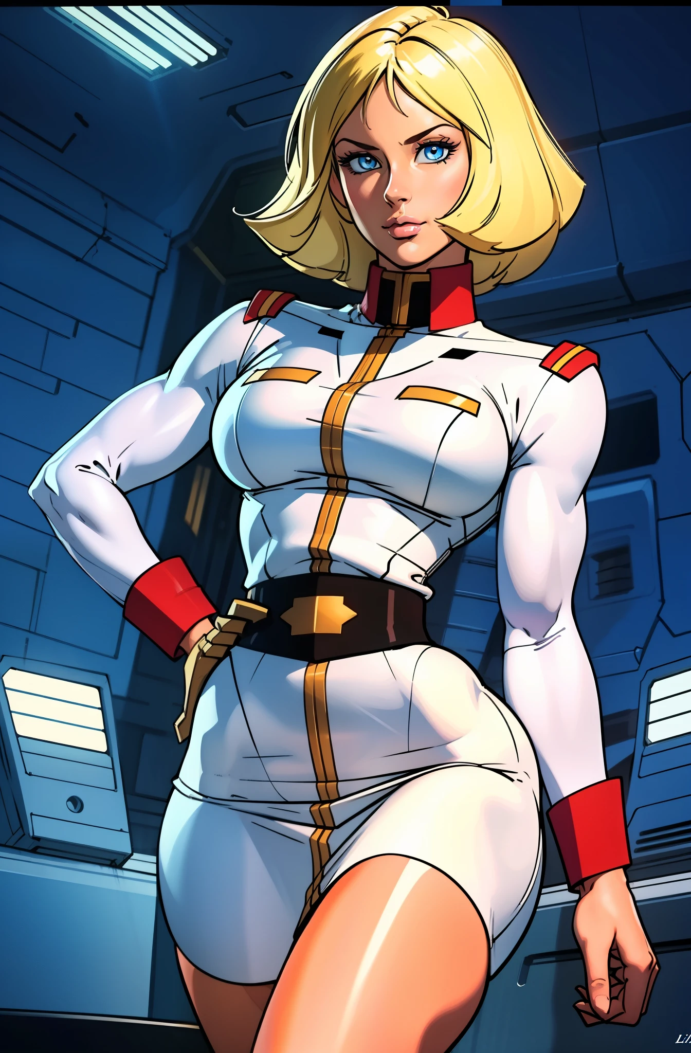 ((masterpiece)), ((cinematic lighting)), realistic photo、Real Images、Top image quality、1girl in, sayla mass, Elegant, masterpiece, Convoluted,Ultra lim arms, wide hips, thick thighs, Best Quality, absurderes, high face detail, Perfect eyes, mature, Cowboy Shot, , Vibrant colors, White uniform, Skirt,