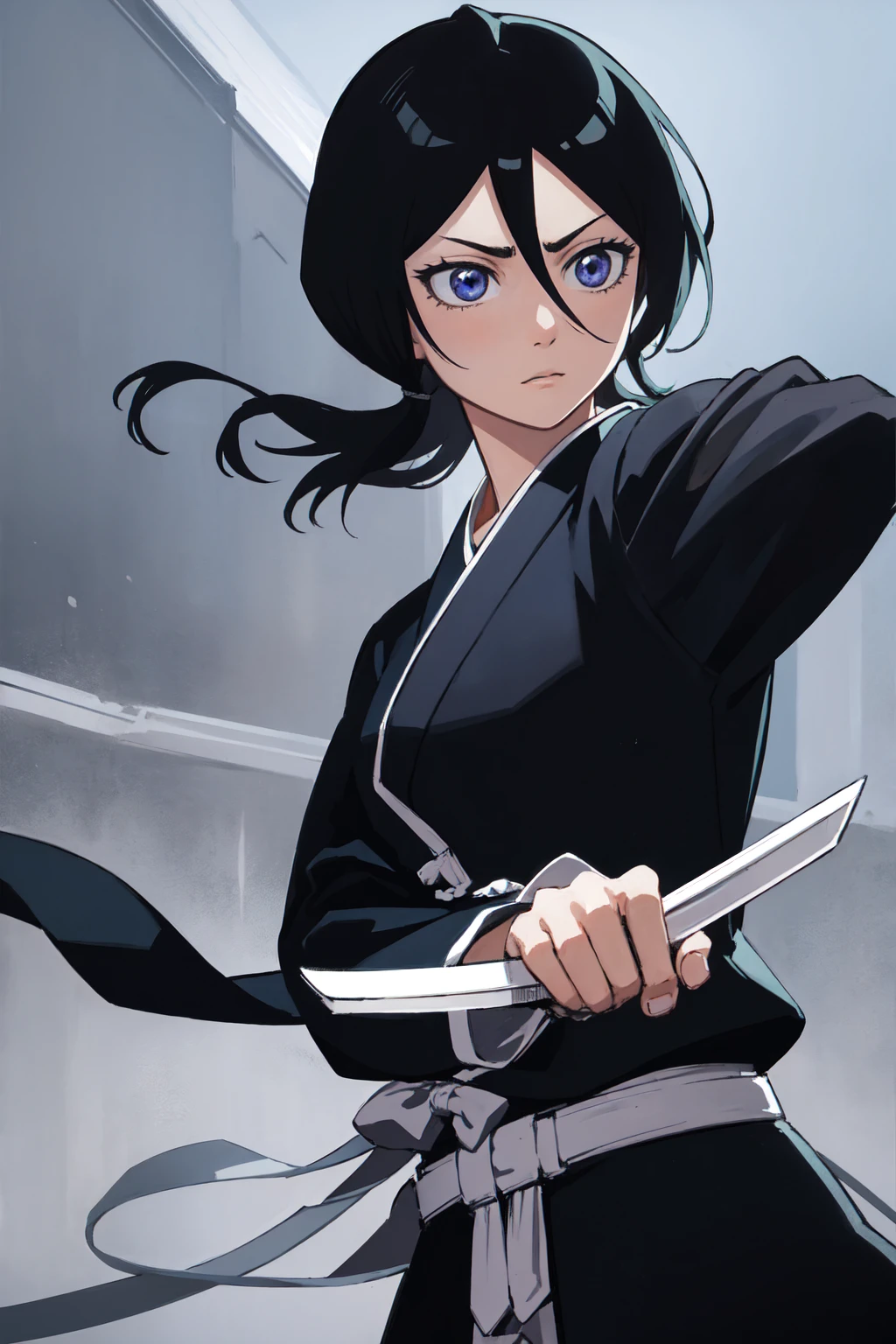 thick outlines, comics, photorealistic, 1girl, solo, ice, katana hanging on belt, cowboy shot, kuchiki_rukia, black kimono, japanese town, detailed background, detailed face, detailed eyes, perfect hands