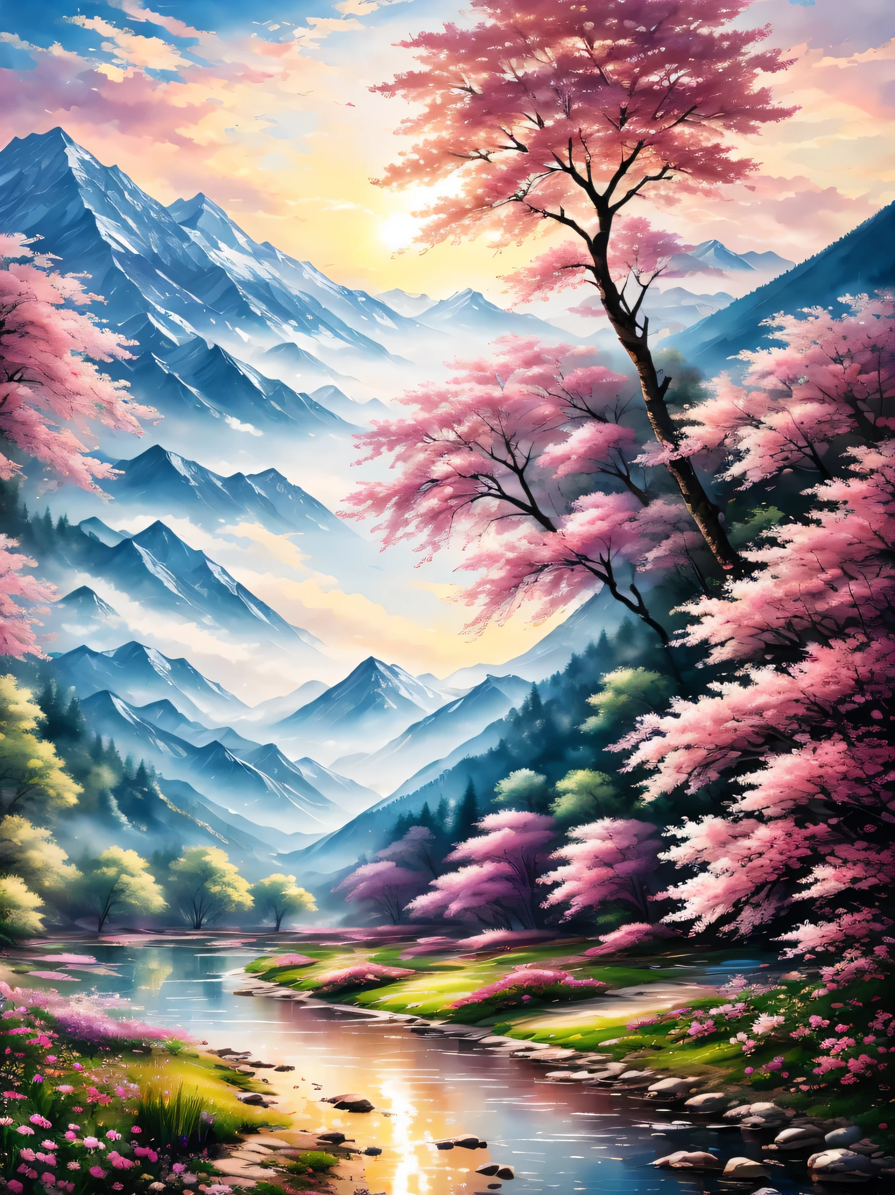 a watercolor painting landscape,trees,majestic mountains,flowers,roses,sunrise, cherry blossom, hyper details,hyper realistik,splashing,by yossi kotler,8k