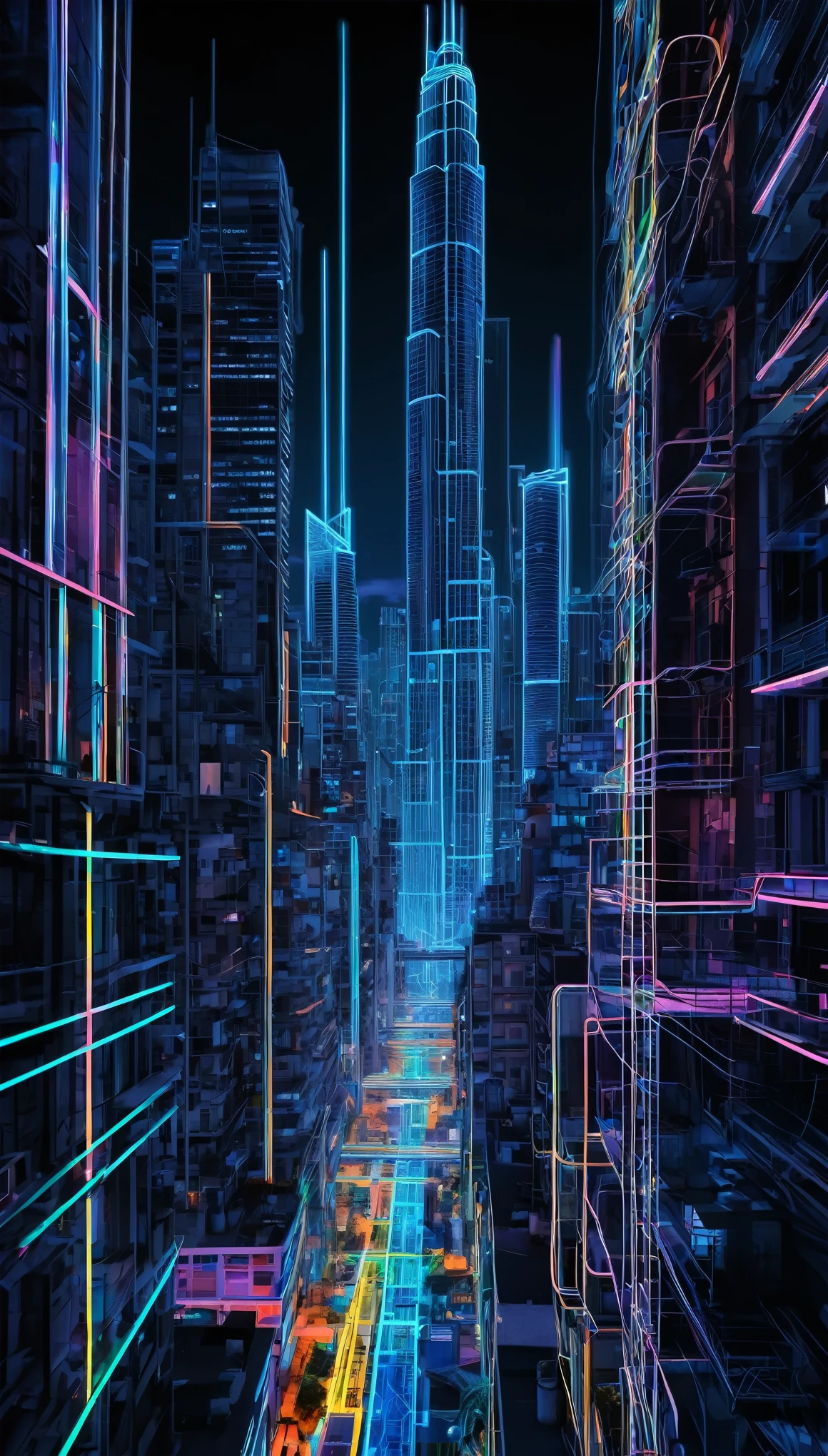 best quality, super fine, 16k, incredibly absurdres, extremely detailed, delicate and dynamic, streets lined with skyscrapers, buildings, people, wiring, piping, the ground, everything is transparent and semi-transparent like an X-ray photograph, anatomy, diagram, iridescent neon colors wiring diagram and LED, (magnificent view:1.1), background iridescent full moon and stars