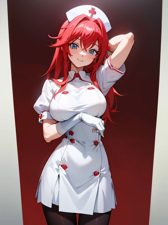 Rias Gremory, pantyhose, nurse uniform, nurse cap, smile, cowboy shot, highly detailed, HD, 4K, Masterpiece, highres