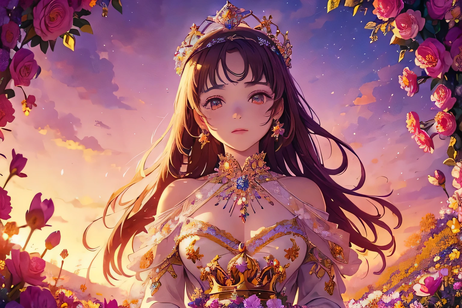 (masterpiece: 1.2), (Girl with a crown: 1.2), In the fantastic beauty of the crystal sunset, countless vibrant flowers bloom, Bokeh, soft light spreads over the tranquil surroundings, delicate petals blend in intricate patterns, the background is soft and blurry, adds a dramatic and symbolic element to your scene, the petals are soft, magical colors and atmosphere.