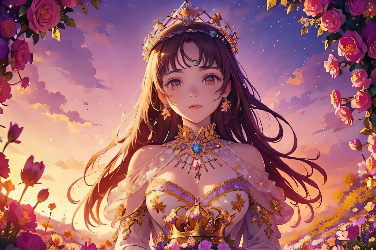 (masterpiece: 1.2), (Girl with a crown: 1.2), In the fantastic beauty of the crystal sunset, countless vibrant flowers bloom, Bokeh, soft light spreads over the tranquil surroundings, delicate petals blend in intricate patterns, the background is soft and blurry, adds a dramatic and symbolic element to your scene, the petals are soft, magical colors and atmosphere.