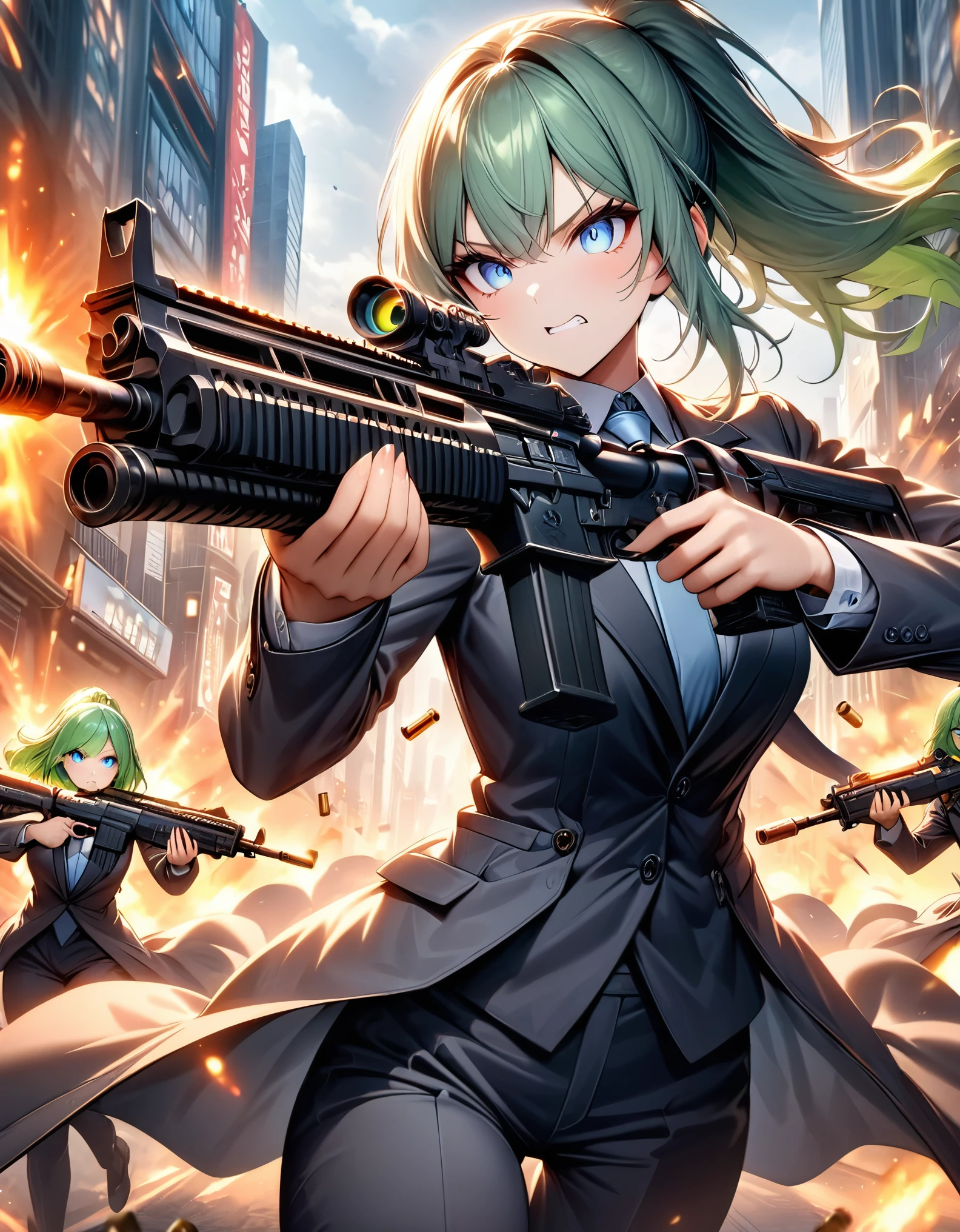masterpiece, best quality, highres, 1girl, solo, solo focus, green hair, medium hair, ponytail, bangs, blue eyes, beautiful detailed eyes, beautiful detailed face, cute face. synergy, clenched teeth, warlike. light grey suit and tie, matching pants, slacks, black dress suits. dynamic action pose. tokyo city backdrop, outdoors. using and firing an assault rifle, shell casings coming from the rifle finger on trigger, perfect hand, perfect hand. cowboy shot. action atmosphere. gigantic bug alien monster behind her.