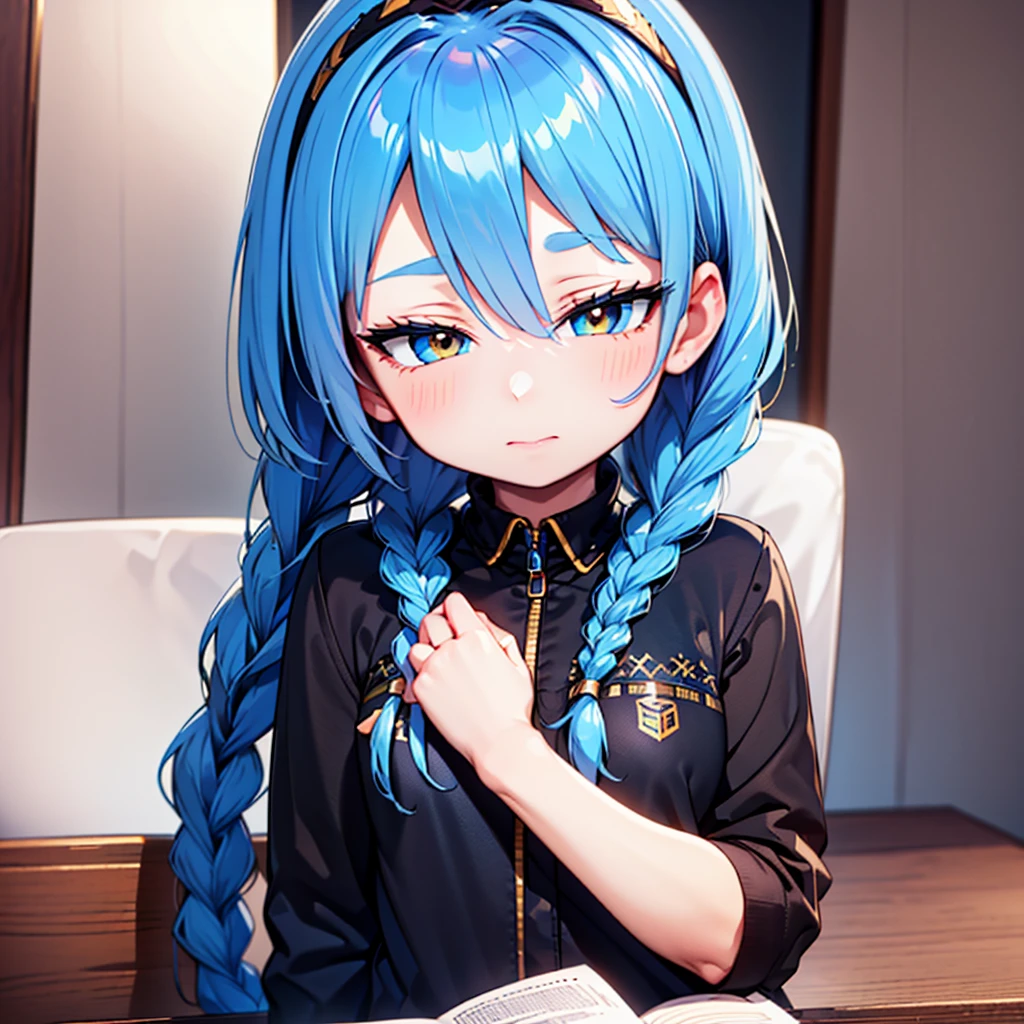 (best quality, masterpiece, uncensored, high quality, ultra detailed, extremely detailed CG, beautiful face, beautiful eyes, beautiful hair), solo, 1girl, (((loli:1.3))), ((((4 years old)))), (infant), (upper body), (light blue hair, short twin braids, hairs between eyes:1.5, crossed bangs:1.5), (beautiful big eyes, golden yellow eyes, Tsurime), (happy, expressionless), (holding book, hairband), (peach , navy blue mini pleated skirt), (extremely awesome detailed deep-silky-healthy-lackwarm-foundational-soft-skin:1.1), (extremely awesome detailed gleaming skin), (extremely awesome detailed pretty face, extremely awesome detailed eyes, extremely awesome detailed shiny hair:1.2), extremely awesome detailed dynamic lighting, extremely awesome detailed caustic, extremely awesome detailed deep shadows,(best quality, highres, absurdres, extremely awesome detailed CG unity 8K HDR wallpaper, perfect anatomy:1.1),(extremely awesome detailed realistic, extremely awesome detailed 3d:1.0)