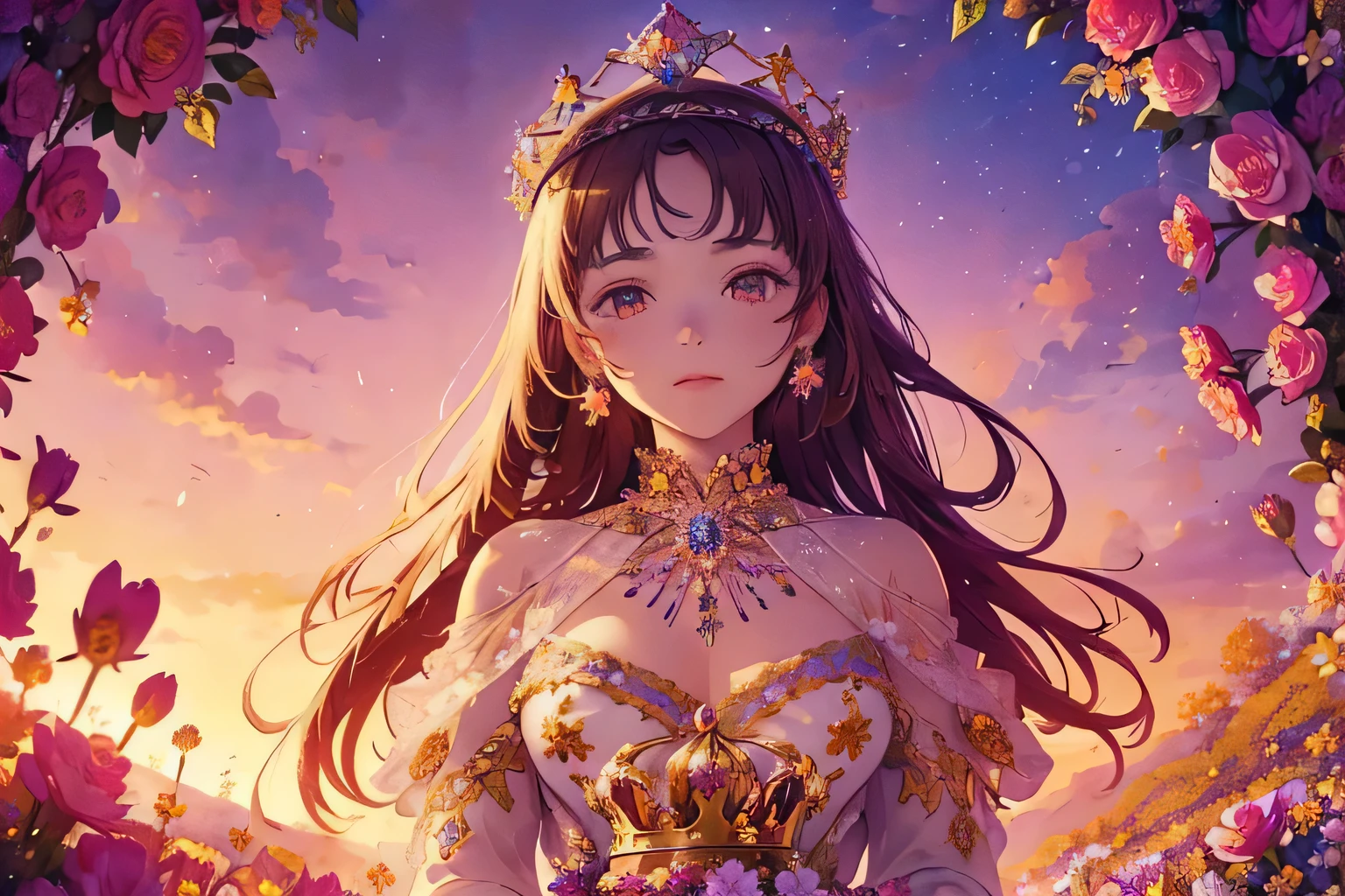 (masterpiece: 1.2), (Girl with a crown: 1.2), In the fantastic beauty of the crystal sunset, countless vibrant flowers bloom, Bokeh, soft light spreads over the tranquil surroundings, delicate petals blend in intricate patterns, the background is soft and blurry, adds a dramatic and symbolic element to your scene, the petals are soft, magical colors and atmosphere.