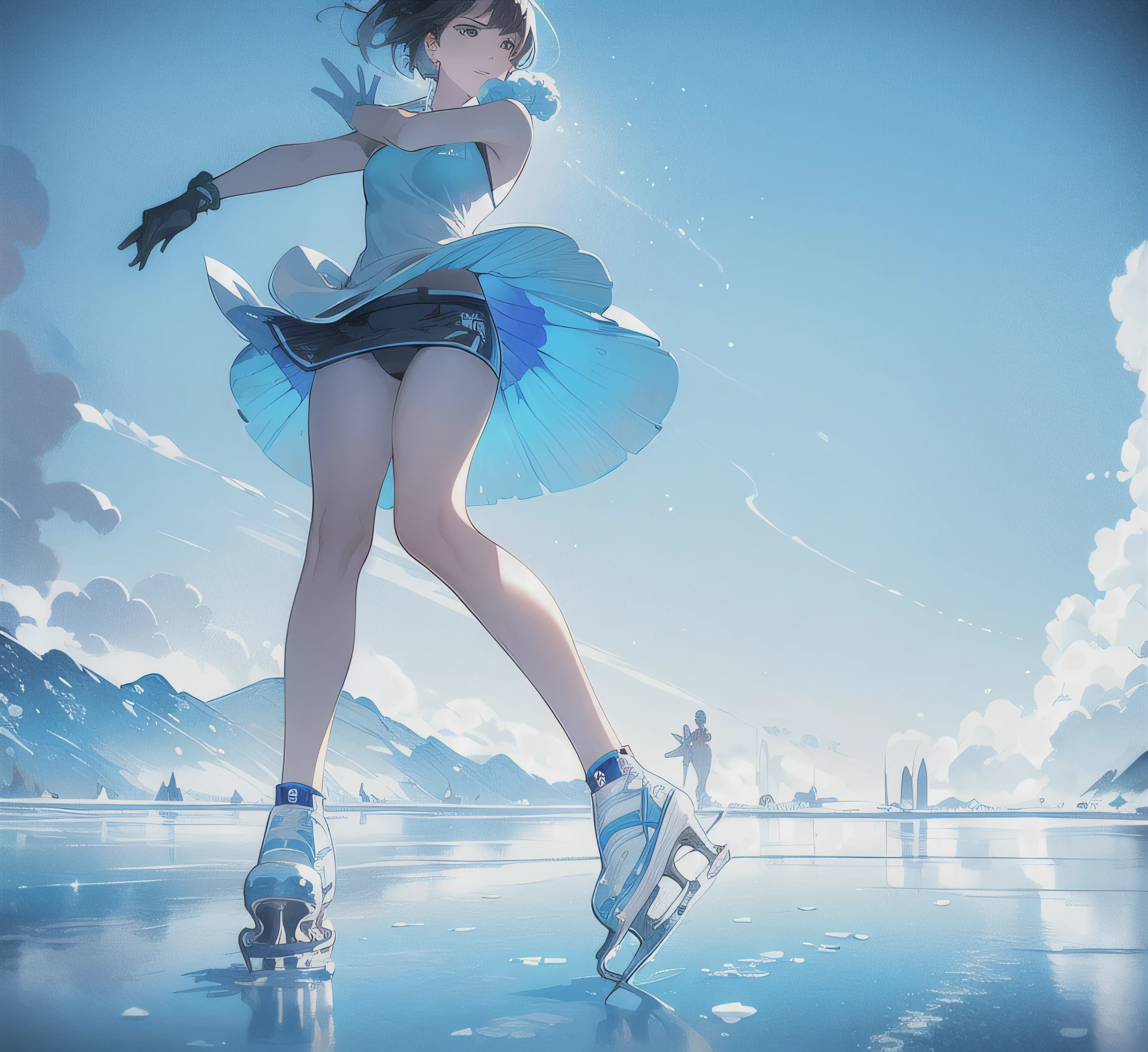 (a girl:1.1,athlete:1.1)(roller skating:1.1)(dynamic pose:1.1),swimsuit with a skirt,blue eyes,long eyelashes,beautiful detailed lips,a vibrant ice rink as the background,professional lighting,highres,realistic,frozen winter scene,vivid colors. Black short hair (a girl:1.1,athlete:1.1)(roller skating:1.1)(dynamic pose:1.1),swimsuit with a skirt,blue eyes,long eyelashes,beautiful detailed lips,a vibrant ice rink as the background,professional lighting,highres,realistic,frozen winter scene,vivid colors. Black short hair. Full body POSE, DANCE MANEUVER ON THE ICE RACK.using ice pstins.