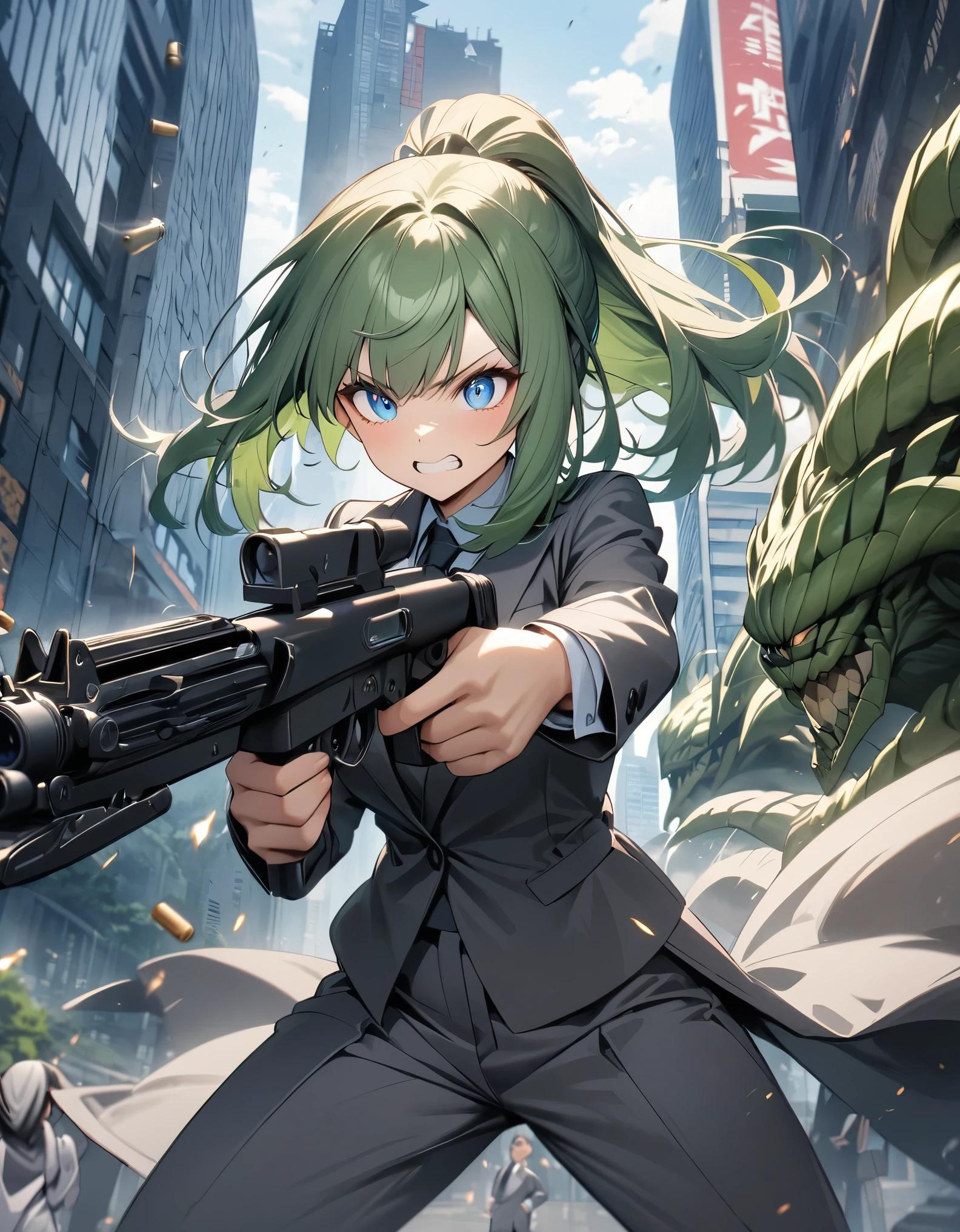 masterpiece, best quality, highres, 1girl, solo, solo focus, green hair, medium hair, ponytail, bangs, blue eyes, beautiful detailed eyes, beautiful detailed face, cute face. synergy, clenched teeth, warlike. light grey suit and tie, matching pants, slacks, black dress suits. dynamic action pose. tokyo city backdrop, outdoors. using and firing an assault rifle, shell casings coming from the rifle finger on trigger, perfect hand, perfect hand. cowboy shot. action atmosphere. gigantic bug alien monster behind her. 