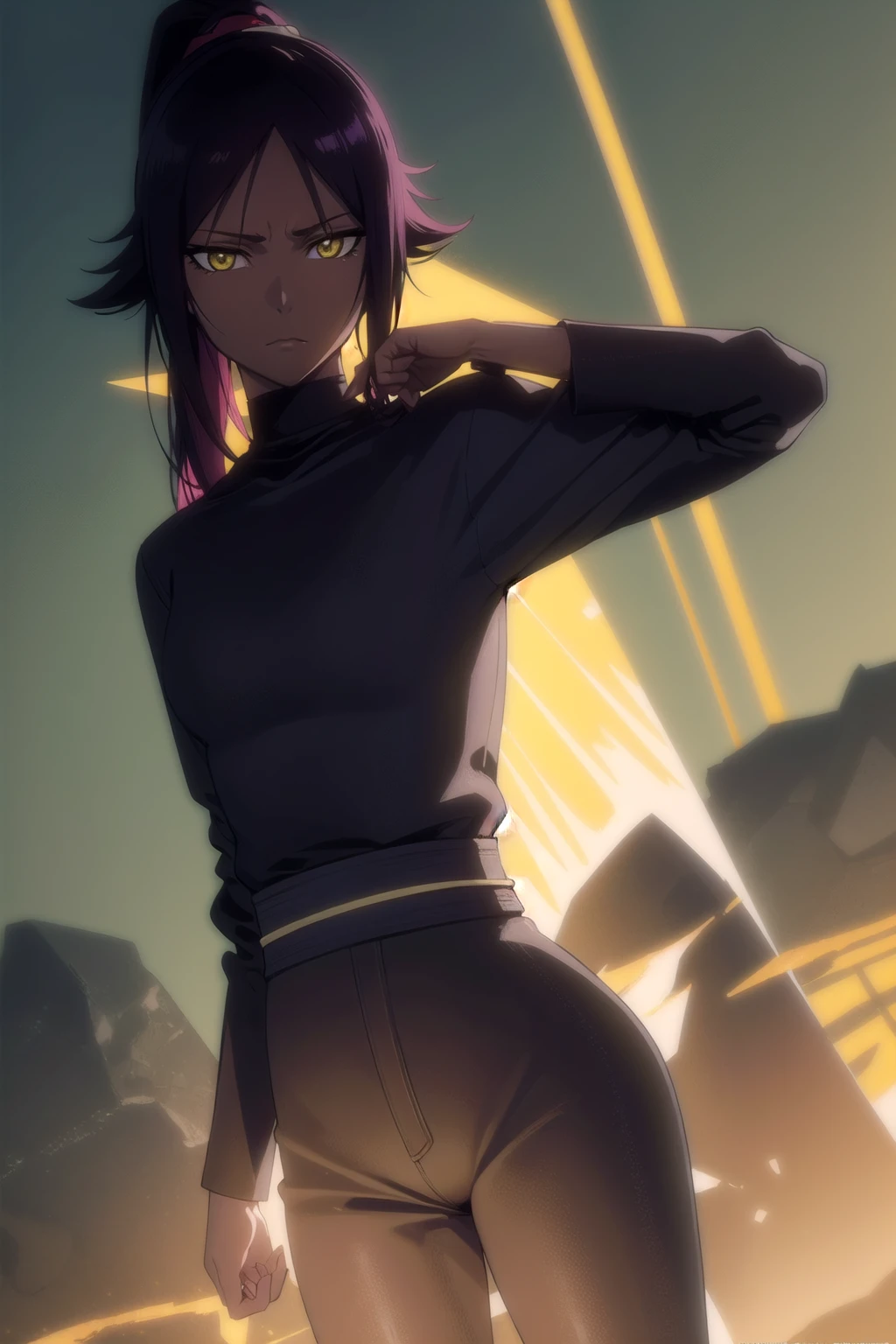 yoruichishihouin, yoruichi shihouin, long hair, (yellow eyes:1.5), ponytail, purple hair, dark skin, dark-skinned female,
BREAK bodysuit, black bodysuit, bodysuit under clothes, (black shirt:1.5), long sleeves,
BREAK outdoors,
BREAK looking at viewer, (cowboy shot:1.5),
BREAK (masterpiece:1.2), best quality, high resolution, unity 8k wallpaper, (illustration:0.8), (beautiful detailed eyes:1.6), extremely detailed face, perfect lighting, extremely detailed CG, (perfect hands, perfect anatomy), (dinamic poses)