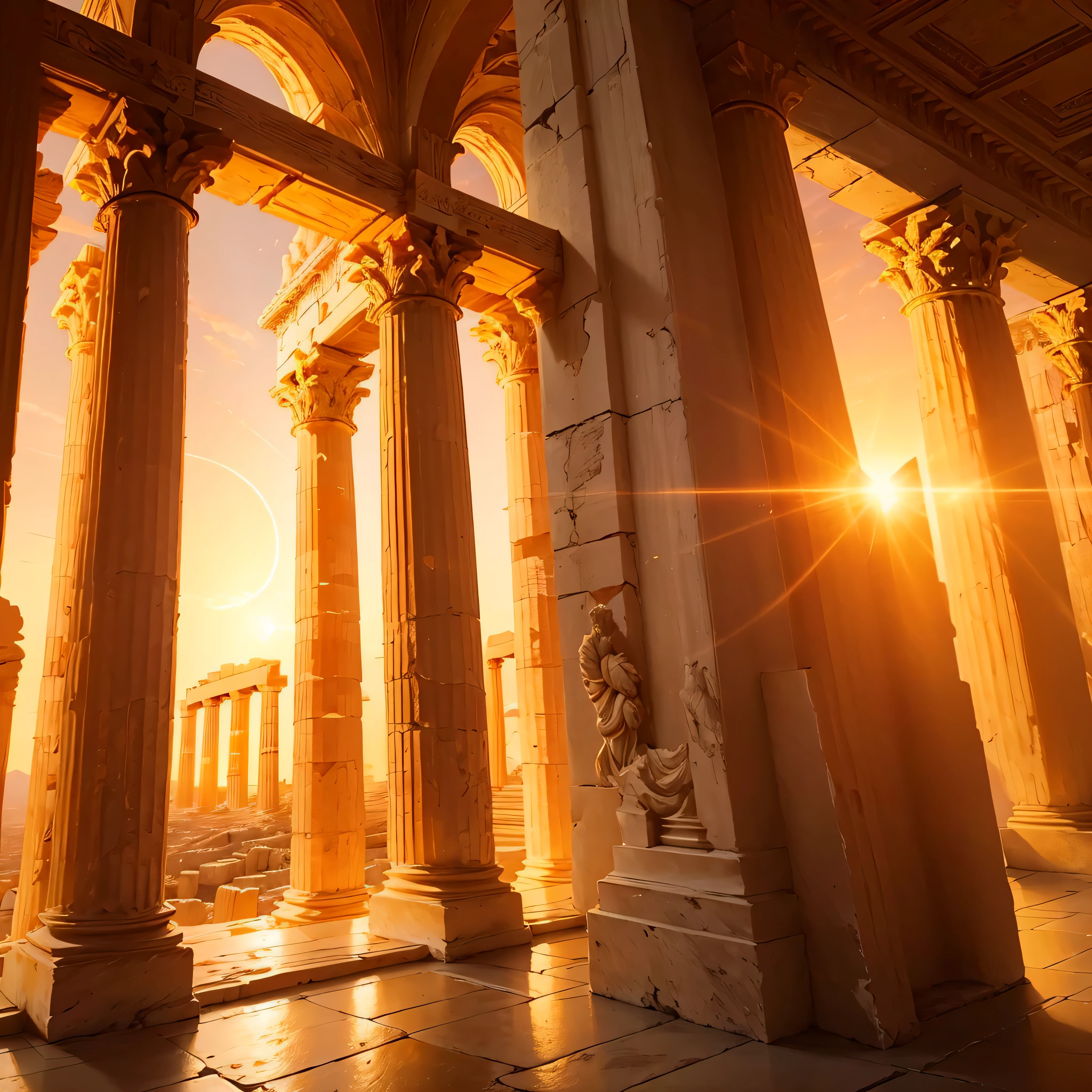 A golden land where everything shines gold 、Parthenon, Greece、Golden Ancient Ruins. with the sun setting on the horizon, Painting the sky orange and gold,Natural beauty、 In a magical scene in the late afternoon."  Lens flare