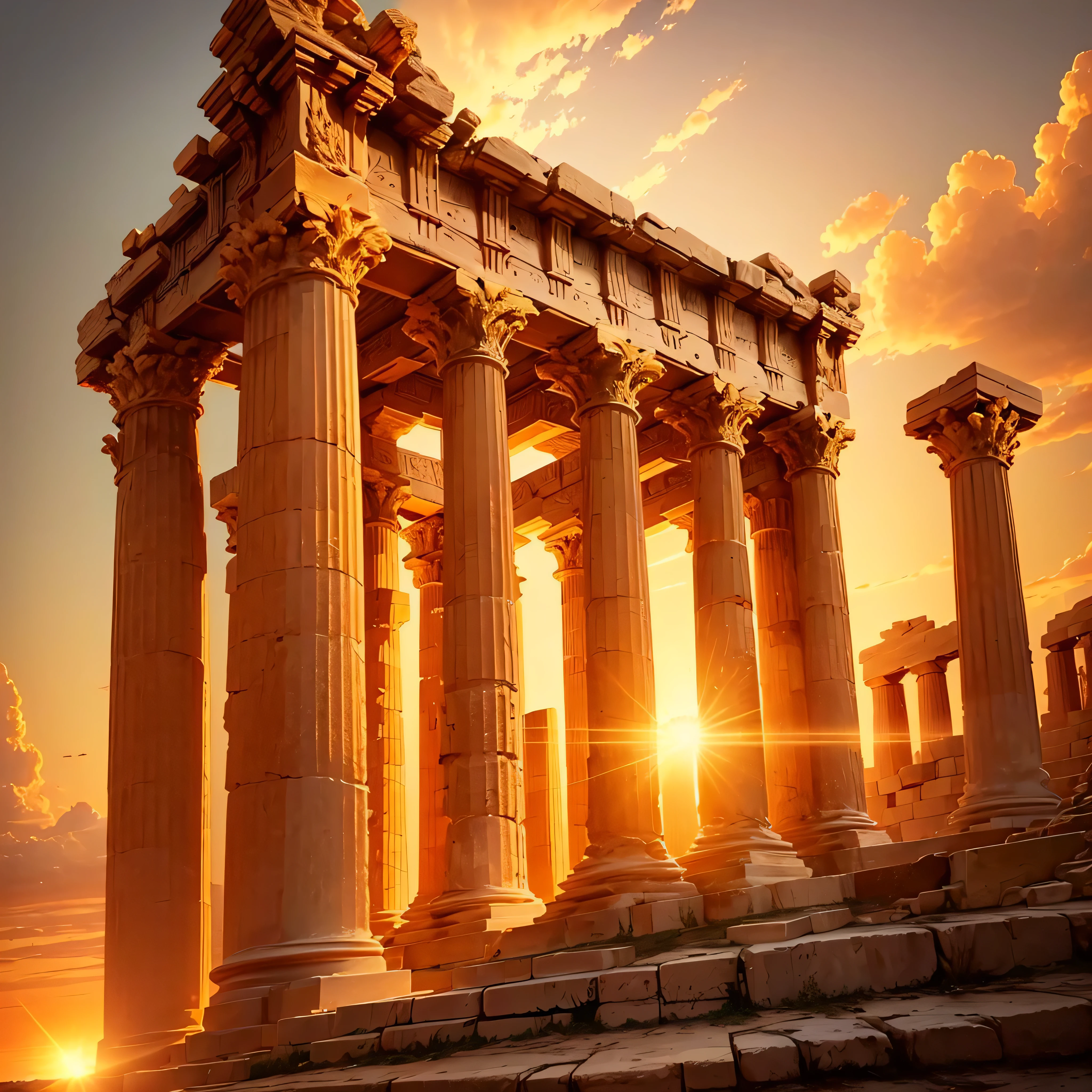 A golden land where everything shines gold 、Parthenon, Greece、Golden Ancient Ruins. with the sun setting on the horizon, Painting the sky orange and gold,Natural beauty、 In a magical scene in the late afternoon."  Lens flare