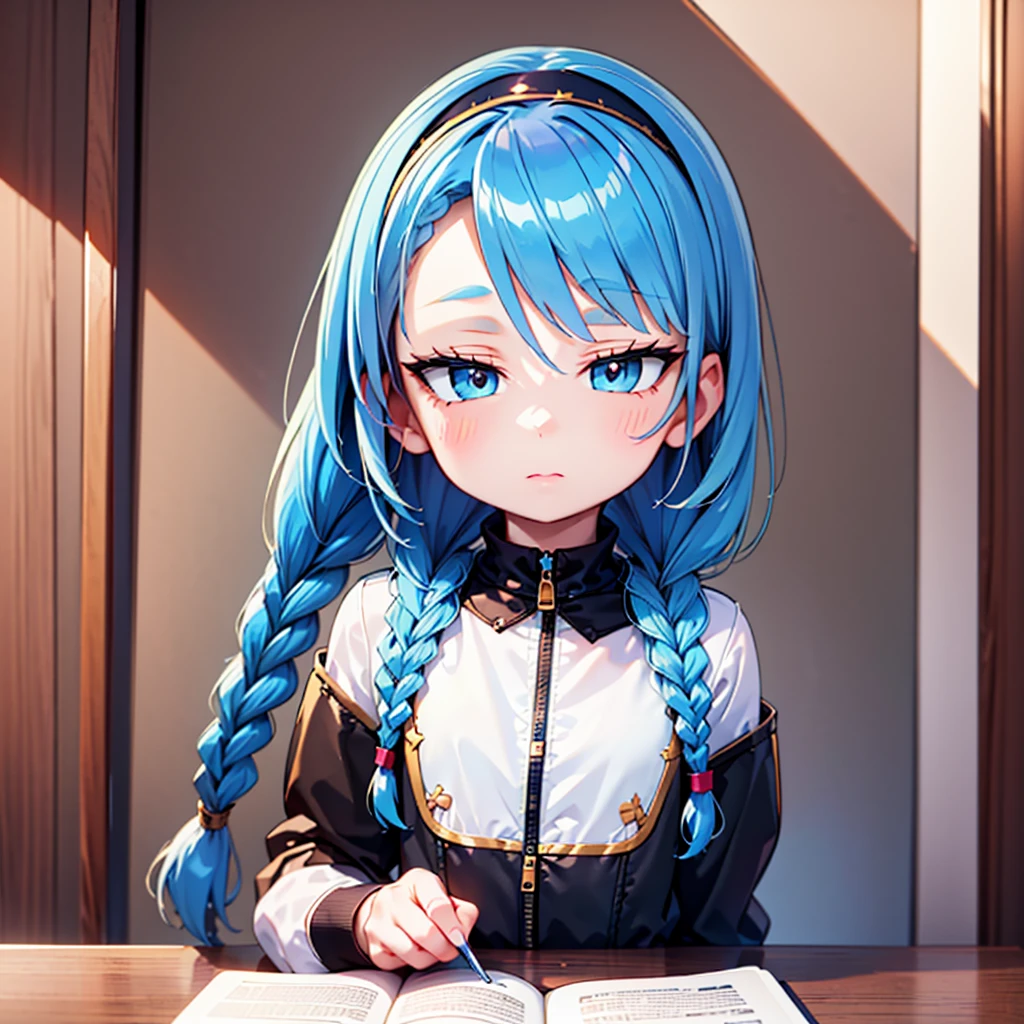 (best quality, masterpiece, uncensored, high quality, ultra detailed, extremely detailed CG, beautiful face, beautiful eyes, beautiful hair), solo, 1girl, (((loli:1.3))), ((((4 years old)))), (infant), (upper body), (light blue hair, short twin braids, hairs between eyes:1.5, crossed bangs:1.5), (beautiful big eyes, golden yellow eyes, Tsurime), (happy, expressionless), (holding book, hairband), (peach , navy blue mini pleated skirt), (extremely awesome detailed deep-silky-healthy-lackwarm-foundational-soft-skin:1.1), (extremely awesome detailed gleaming skin), (extremely awesome detailed pretty face, extremely awesome detailed eyes, extremely awesome detailed shiny hair:1.2), extremely awesome detailed dynamic lighting, extremely awesome detailed caustic, extremely awesome detailed deep shadows,(best quality, highres, absurdres, extremely awesome detailed CG unity 8K HDR wallpaper, perfect anatomy:1.1),(extremely awesome detailed realistic, extremely awesome detailed 3d:1.0)