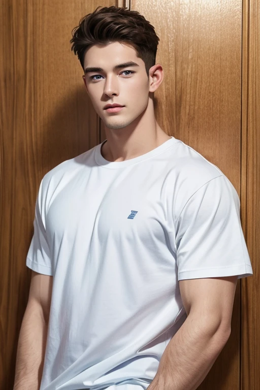 (masterpiece),(bestquality:1.0), (ultra highres:1.0), detailed illustration, 10, Handsome Boy,musculine,White loose t-shirt,Sir Young,handsome,28yo,Fine Skin,blue eyes