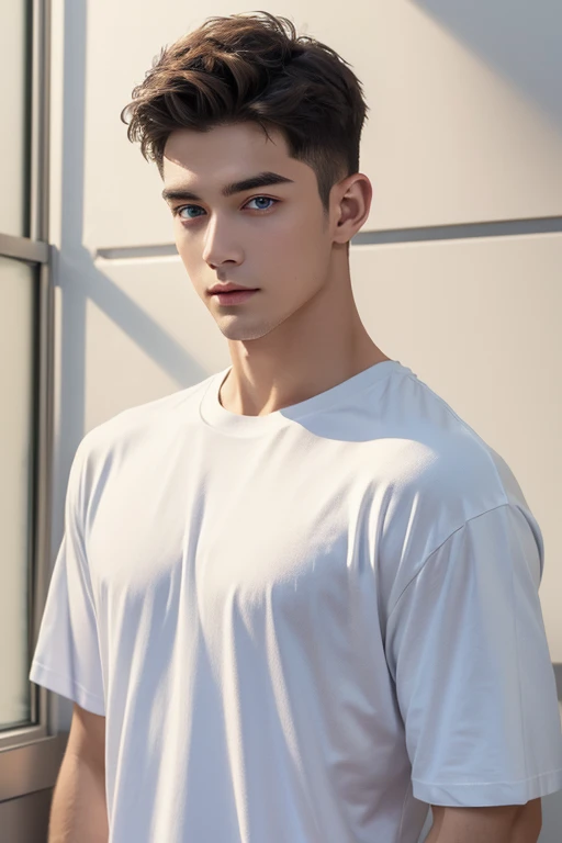 (masterpiece),(bestquality:1.0), (ultra highres:1.0), detailed illustration, 10, Handsome Boy,musculine,White loose t-shirt,Sir Young,handsome,28yo,Fine Skin,blue eyes