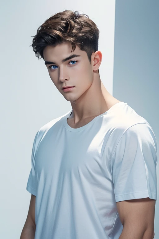 (masterpiece),(bestquality:1.0), (ultra highres:1.0), detailed illustration, 10, Handsome Boy,musculine,White loose t-shirt,Sir Young,handsome,28yo,Fine Skin,blue eyes