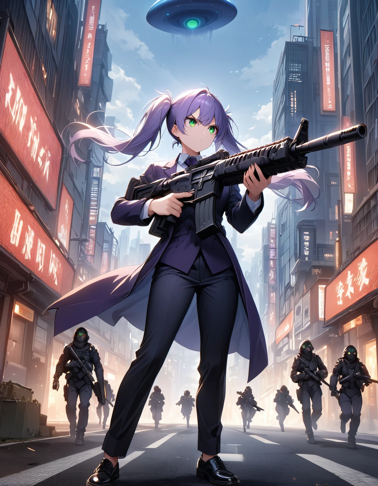 masterpiece, best quality, highres, 1girl, solo, solo focus, purple hair, medium hair, twintails, green eyes, beautiful detailed eyes, beautiful detailed face, cute face, blue earrings. looking away, determined, serious at the ready. dark purple suit and tie, matching pants, slacks, black dress shoes.  standing. tokyo city backdrop, outdoors. holding an assault rifle, trigger discipline. ufo floating at the sky. ordinary citizens in the background running away for their eyes.