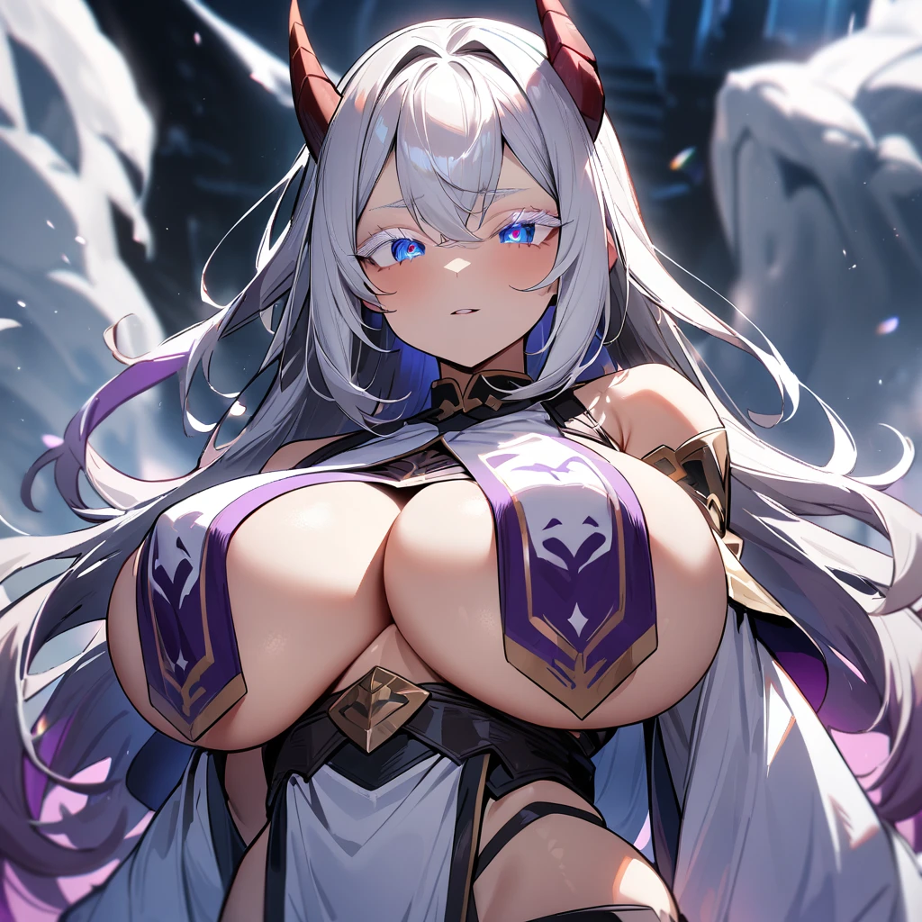 1 girl,colored eyelashes,deep eyes,skin-covered horns,deepcolor,big breast, colored eyelashes, alternate eye color,breast curtain,masterpiece, best quality,very aesthetic,absurdres,inner boob