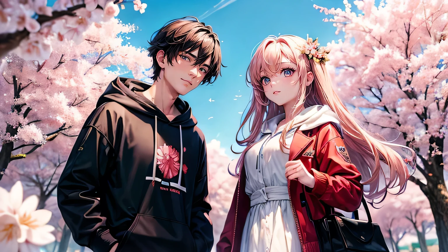 (oil, masterpiece, highest quality, Super detailed, Focus on the characters), Handsome man and pretty woman looking at each other、cherry blossoms，Detailed hair depiction,([return:0.8]|[ face facing returnwards:1.1]), 
hoodie,([Night cherry blossoms tree-lined scenario:1.2]|[ ground:1.3]| [High Contrast:1.1])  