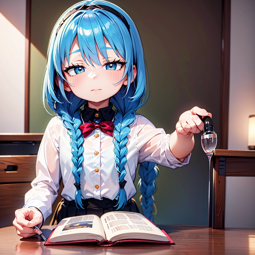 (best quality, masterpiece, uncensored, high quality, ultra detailed, extremely detailed CG, beautiful face, beautiful eyes, beautiful hair), solo, 1girl, (((loli:1.3))), ((((4 years old)))), (infant), (upper body), (light blue hair, short twin braids, hairs between eyes:1.5, crossed bangs:1.5), (beautiful big eyes, golden yellow eyes, Tsurime), (happy, expressionless), (holding book, hairband), (peach school uniform), (extremely awesome detailed deep-silky-healthy-lackwarm-foundational-soft-skin:1.1), (extremely awesome detailed gleaming skin), (extremely awesome detailed pretty face, extremely awesome detailed eyes, extremely awesome detailed shiny hair:1.2), extremely awesome detailed dynamic lighting, extremely awesome detailed caustic, extremely awesome detailed deep shadows,(best quality, highres, absurdres, extremely awesome detailed CG unity 8K HDR wallpaper, perfect anatomy:1.1),(extremely awesome detailed realistic, extremely awesome detailed 3d:1.0)