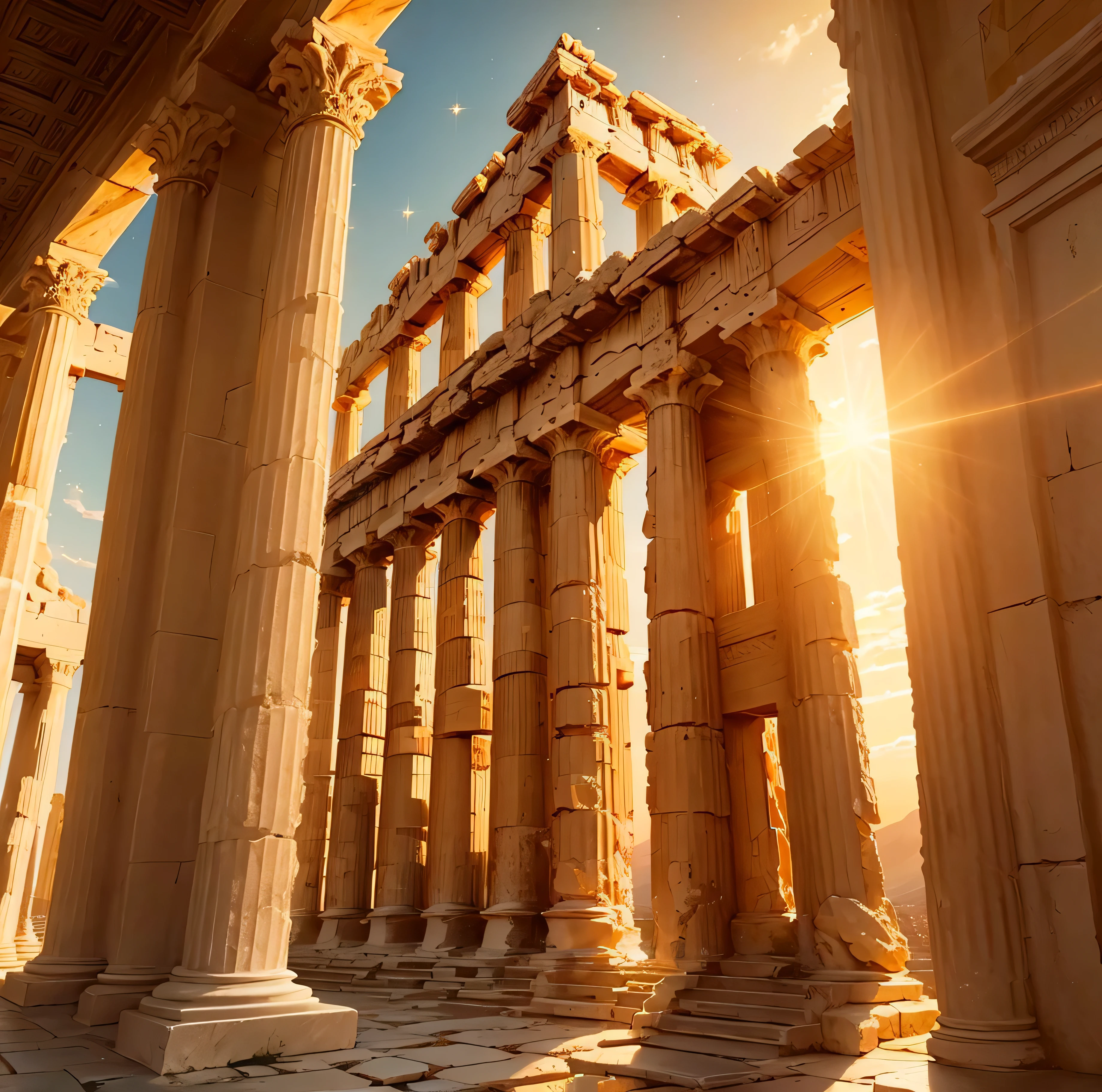 A golden land where everything shines gold 、Parthenon, Greece、Golden Ancient Ruins. with the sun setting on the horizon, Painting the sky orange and gold,Natural beauty、 In a magical scene in the late afternoon."  Lens flare