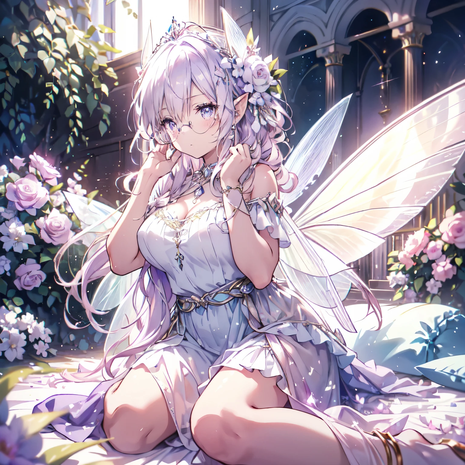 (highest quality, Very detailed, beautiful, Exquisite, 16k, Full HD), Looking down,(Sleep on your back,On the bed),((soft, Sparkly layered dress)),A large and beautiful dress inspired by rose flowers, Hanabubuki,The screen is surrounded by flowers,Frills,Decorated with rhinestones、Ball gown with intricate waves,(Art Station, Fantasy art:1.2), pastel colour,((Giant white fairy wings:1.5)),(fluffy hair,tiara,anklet,Long eyelashes, beautiful purple eyes,Cheeks are pale pink,fluffy),Dazzling Light, Warm lighting,Bright light,Romantic light,Light purple hair,Glasses