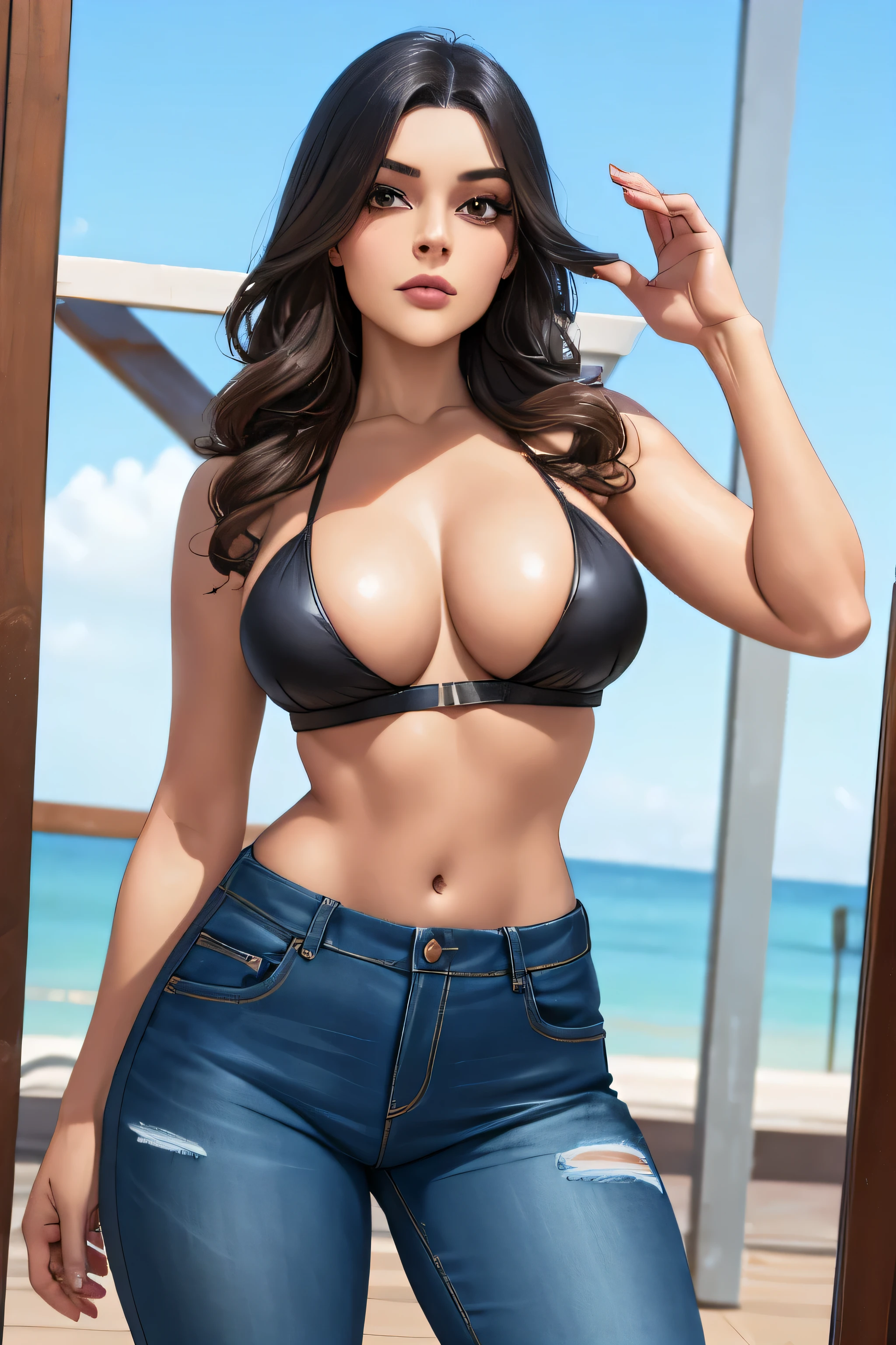 incredibly beautiful, curvy brown-haired woman, gordinho, rosto perfeito, recursos perfeitos, imagem corporal completa, Jeans rasgado, regata, tennis, laser ciborgue olho esquerdo, brilhante, dramatic pose, standing on top of a building, linseed oil painting, ultra-detalhado, highest possible resolution, pose forte, resilient facial expression, ultra-detalhado background, cores naturais escuras,