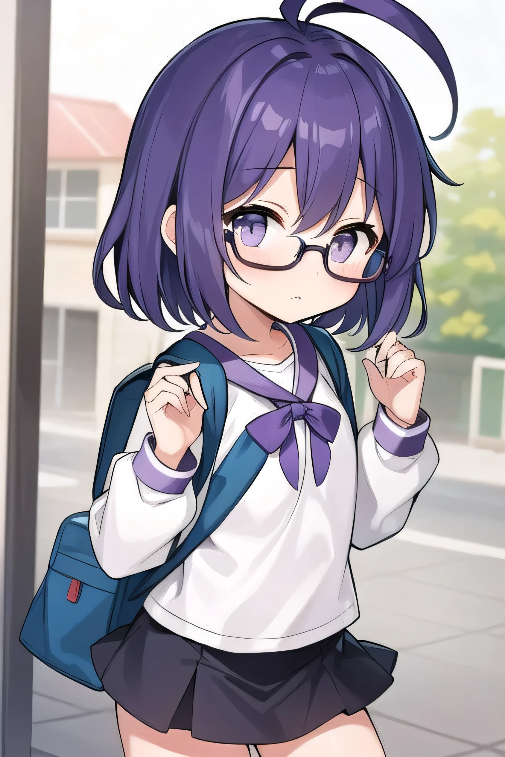 (Purple hair:1.4), gray eyes, white , navy blue miniskirt, , short, short long hair, kind expression, shy, backpack, almost no breasts, slightly exposed. hair,(flipped hair ), flipped hair, long sleeves, ahoge, girl alone, flipped hair, flipped hair, flipped hair, flipped hair, glasses with no edges, embarrassed, flat chest