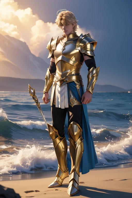 full body photorealistic handsome Hunky man with spirit Mage themed white and gold light armor, helmet and skirt in saint seiya style, shirtless, full body, best quality, master, realistic face, best quality, Portrait of a boy, realistic 4k, 18k, smoke and Waves everywhere