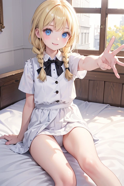 (8k, highest quality, Tabletop:1.2)、Ultra-high resolution、One -yeld gi Perfect Fingers, Detailed face, smile, blue eyes, Blonde, Braid, White panties, White blouse, Black vest, Western-style room, futon, Lie down with your legs outstretched