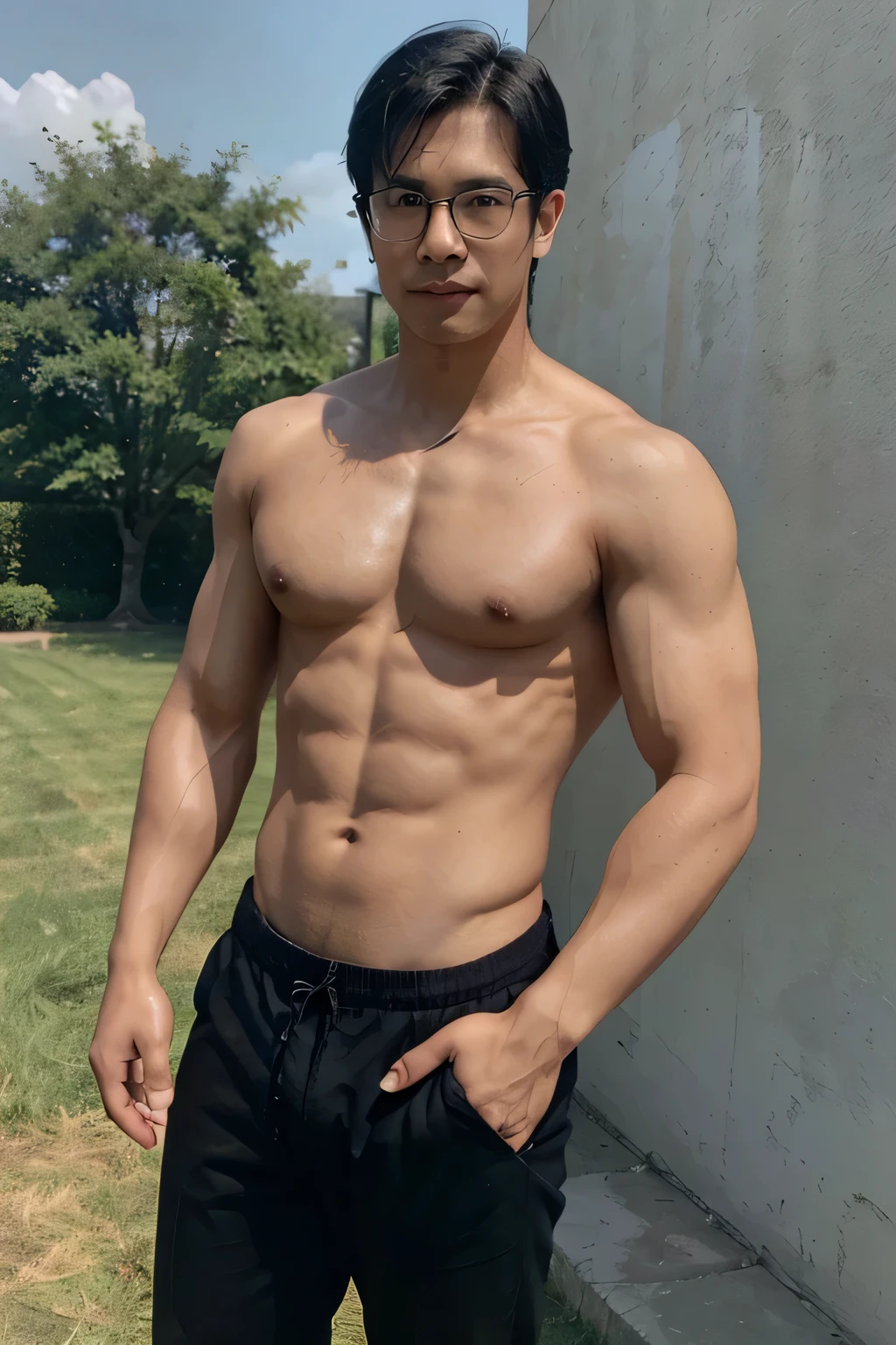 Asian male half body photos，Brownish-black hair, Flat head shape，Gentle Face, Wear a pair of thin-rimmed glasses, Show bare chest, strong abdominal muscles and thick arms, Cross your hands over your chest. He naturally、Just relax、Standing in a sunny outdoor field, Create a welcoming atmosphere。