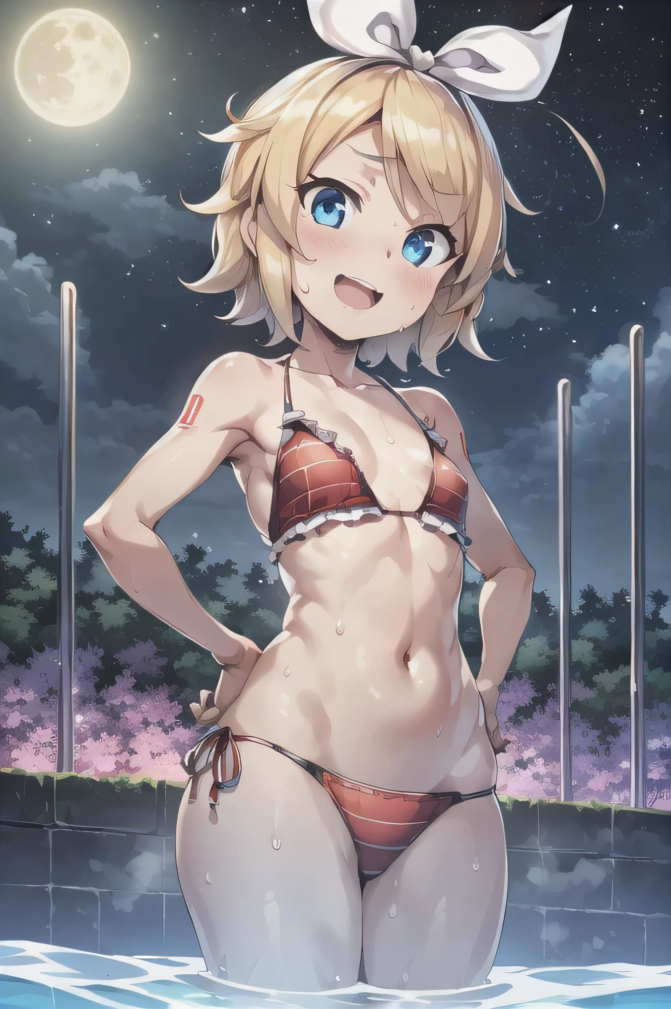 (((masterpiece))), ((highest quality)), ((Very detailed)), ((High resolution)), ((8k)), ((Anatomically correct)), ((The correct number of fingers)), One Woman, Kagamine Rin, Vocaloid, Blonde Hair, short hair, (White ribbon on head), Short, Very cute woman, delicate, Charming smile, Blue eyes, Bright Eyes, Best moment, Vivid eyes, Beautiful Skin, Cute face, Delicate arms, Detailed skin texture, Intricate details, Very detailedな顔, Beautiful Eyes, Beautiful curves, View your viewers, Beautiful thighs, Red frilly bikini, Pool at night, Sweat, Model standing, upright, Beautiful standing posture, The moon and stars in the background, Hands on hips, Open your mouth,