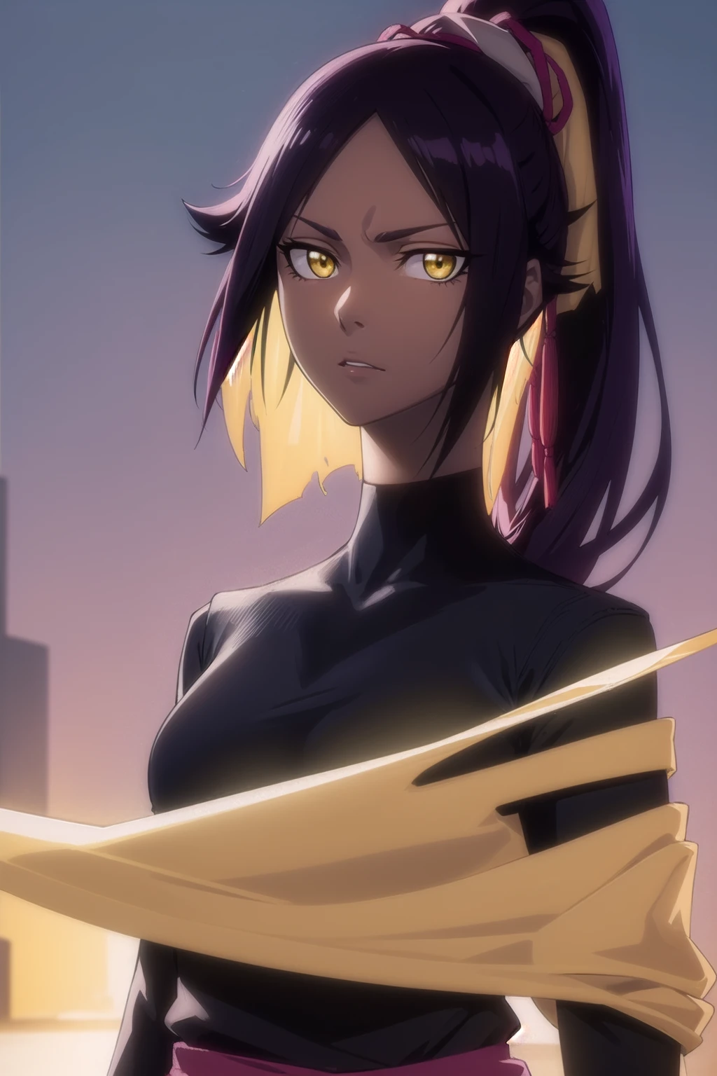 yoruichishihouin, yoruichi shihouin, long hair, (yellow eyes:1.5), ponytail, purple hair, dark skin, dark-skinned female,
BREAK bodysuit, black bodysuit, bodysuit under clothes, (black shirt:1.5), long sleeves,
BREAK outdoors,
BREAK looking at viewer, (cowboy shot:1.5),
BREAK (masterpiece:1.2), best quality, high resolution, unity 8k wallpaper, (illustration:0.8), (beautiful detailed eyes:1.6), extremely detailed face, perfect lighting, extremely detailed CG, (perfect hands, perfect ???????), (dinamic poses)