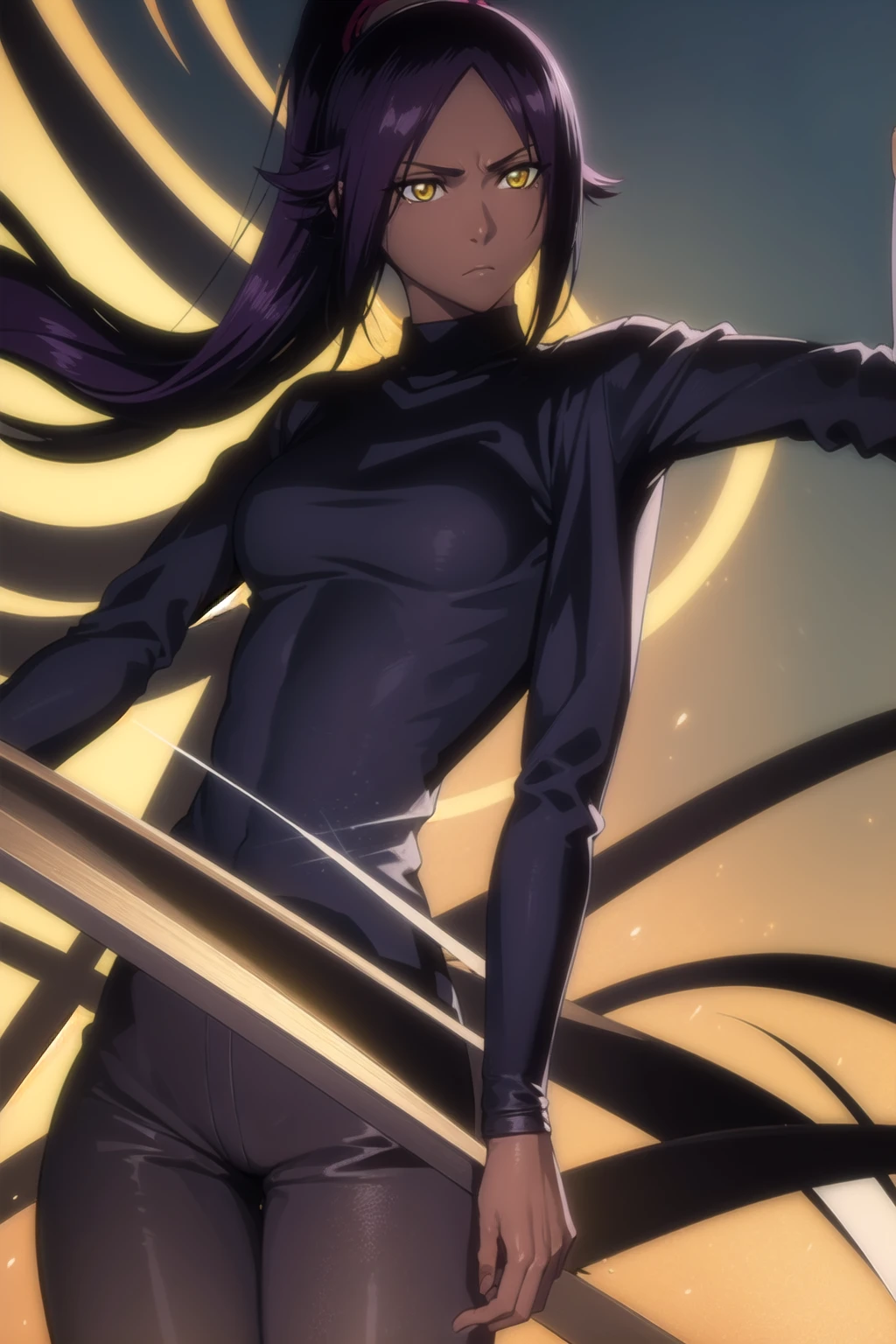 yoruichishihouin, yoruichi shihouin, long hair, (yellow eyes:1.5), ponytail, purple hair, dark skin, dark-skinned female,
BREAK bodysuit, black bodysuit, bodysuit under clothes, (black shirt:1.5), long sleeves,
BREAK outdoors,
BREAK looking at viewer, (cowboy shot:1.5),
BREAK (masterpiece:1.2), best quality, high resolution, unity 8k wallpaper, (illustration:0.8), (beautiful detailed eyes:1.6), extremely detailed face, perfect lighting, extremely detailed CG, (perfect hands, perfect anatomy), (dinamic poses)