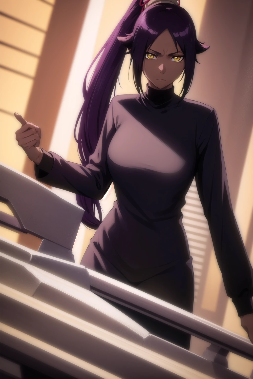 yoruichishihouin, yoruichi shihouin, long hair, (yellow eyes:1.5), ponytail, purple hair, dark skin, dark-skinned female,
BREAK bodysuit, black bodysuit, bodysuit under clothes, (black shirt:1.5), long sleeves,
BREAK outdoors,
BREAK looking at viewer, (cowboy shot:1.5),
BREAK (masterpiece:1.2), best quality, high resolution, unity 8k wallpaper, (illustration:0.8), (beautiful detailed eyes:1.6), extremely detailed face, perfect lighting, extremely detailed CG, (perfect hands, perfect anatomy), (dinamic poses)