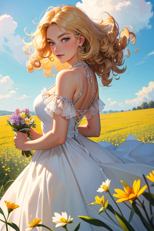 A stunning blonde girl with curly hair stands in a field of flowers, her dress billowing in the wind as she casts an evil gaze towards the viewer.