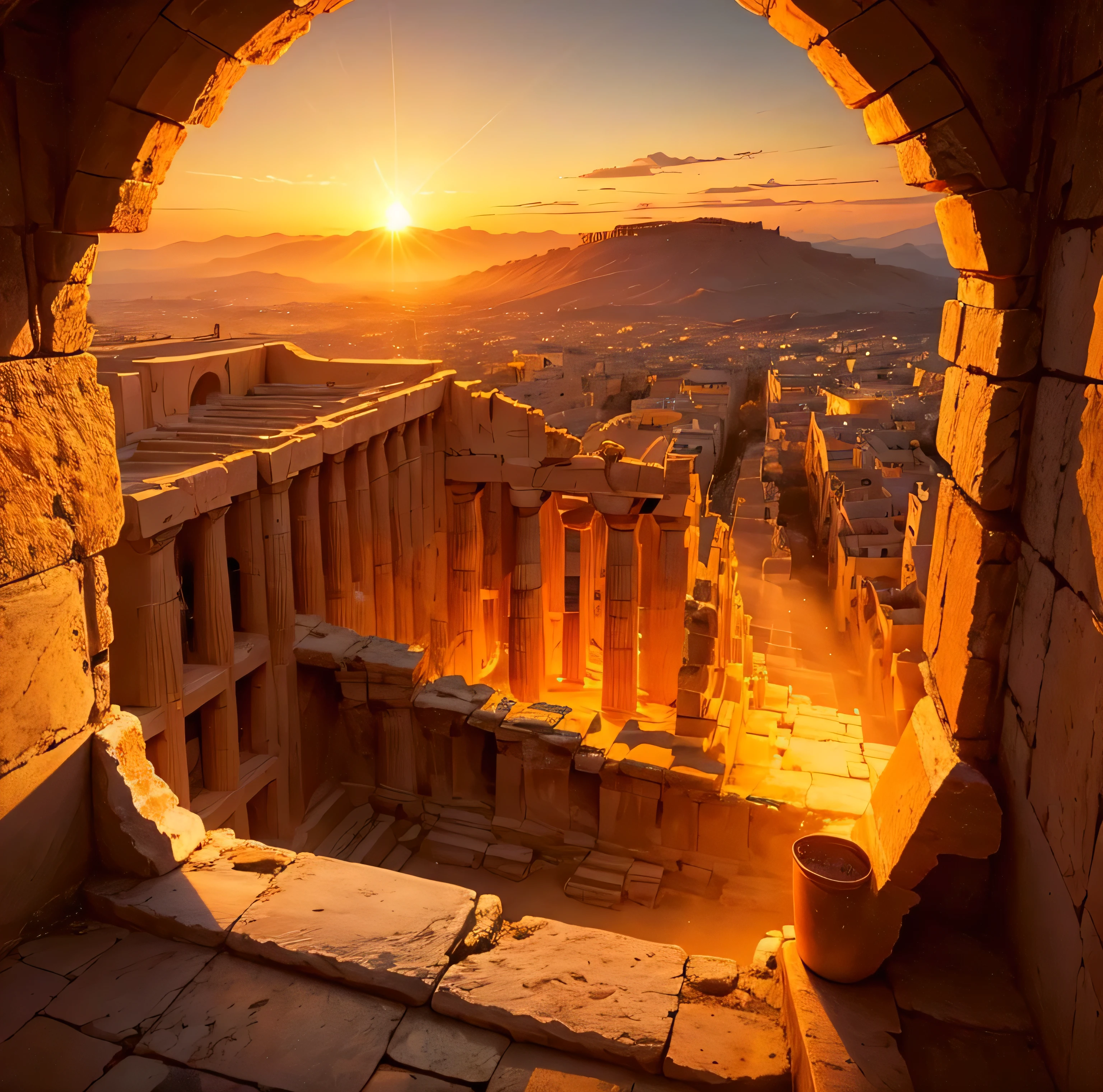 A golden land where everything shines gold 、Parthenon, Greece、Golden Ancient Ruins. with the sun setting on the horizon, Painting the sky orange and gold,Natural beauty、 In a magical scene in the late afternoon." Lens flare