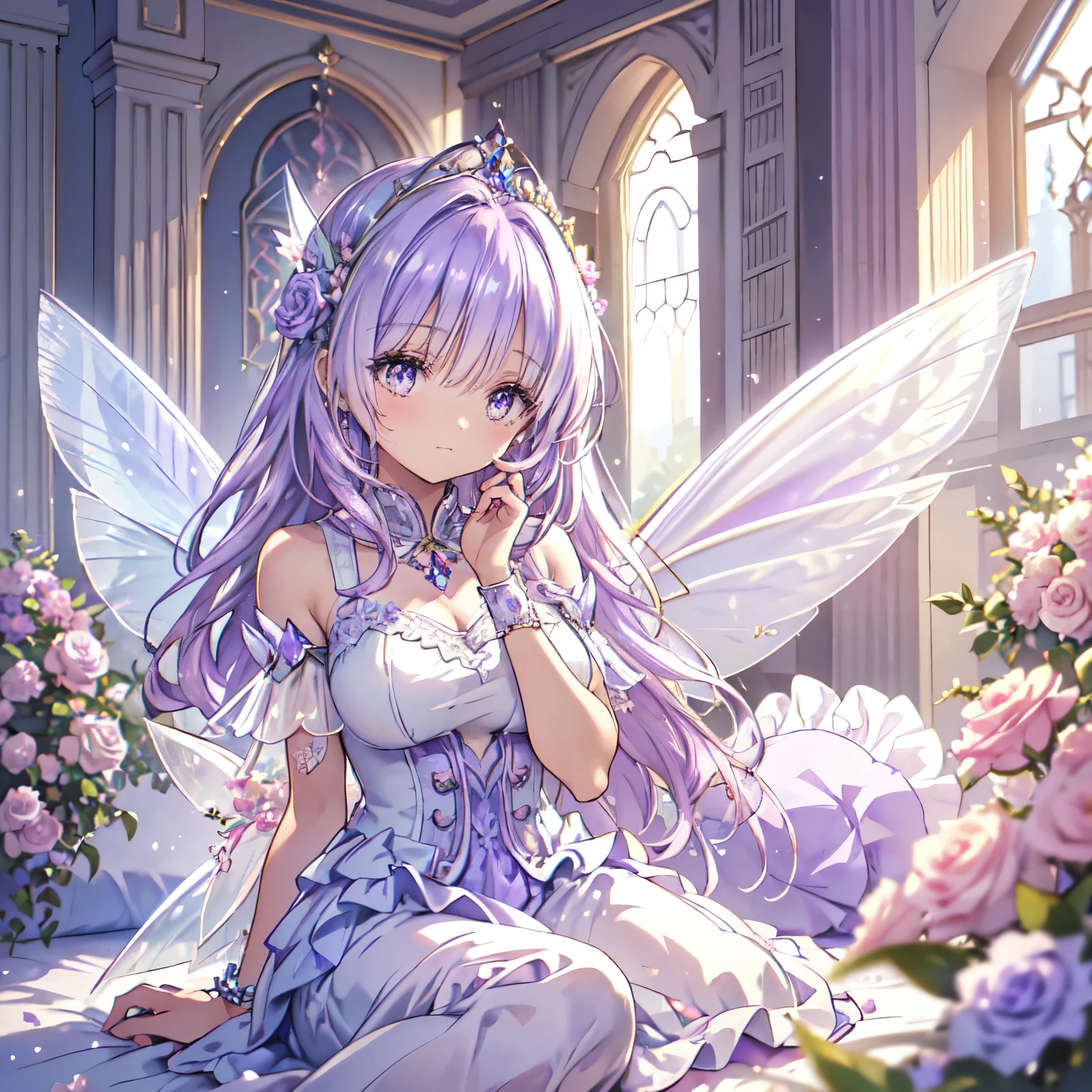 (highest quality, Very detailed, beautiful, Exquisite, 16k, Full HD), Looking down,(Sleep on your back,On the bed),((soft, Sparkly layered dress)),A large and beautiful dress inspired by rose flowers, Hanabubuki,The screen is surrounded by flowers,Frills,Decorated with rhinestones、Ball gown with intricate waves,(Art Station, Fantasy art:1.2), pastel colour,((Giant white fairy wings:1.5)),(fluffy hair,tiara,anklet,Long eyelashes, beautiful purple eyes,Cheeks are pale pink,fluffy),Dazzling Light, Warm lighting,Bright light,Romantic light,Light purple hair,Glasses