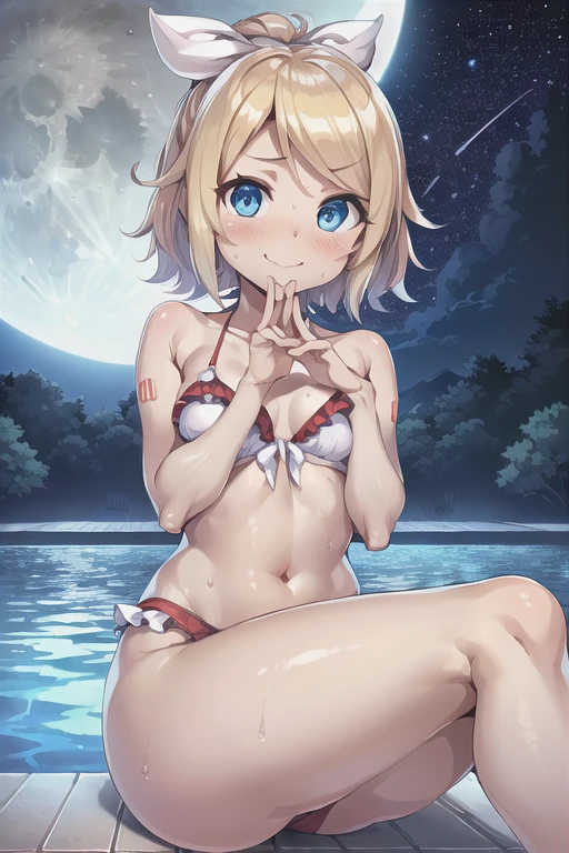 (((masterpiece))), ((highest quality)), ((Very detailed)), ((High resolution)), ((8k)), ((Anatomically correct)), ((The correct number of fingers)), One Woman, Kagamine Rin, Vocaloid, Blonde Hair, short hair, (White ribbon on head), Short, Very cute woman, delicate, Charming smile, Blue eyes, Bright Eyes, Best moment, Vivid eyes, Beautiful Skin, Cute face, delicateな腕, Detailed skin texture, Intricate details, Very detailedな顔, Beautiful Eyes, Beautiful curves, View your viewers, Beautiful thighs, Red frilly bikini, Pool at night, Sweat, sit on a beach bed, The moon and stars in the background,