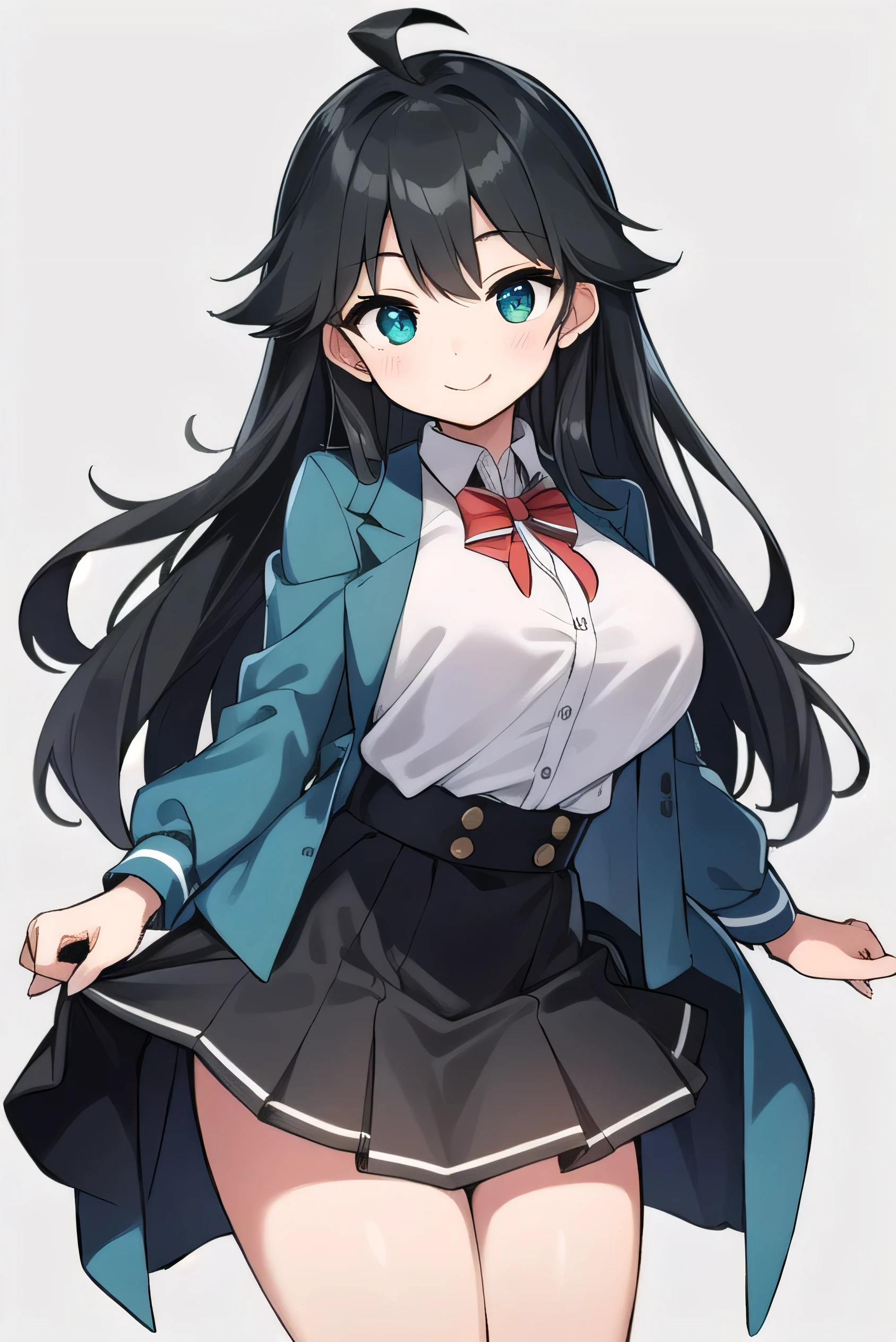 Junior high school student who looks like an elementary school student, , very short, 140 cm tall, black hair with a slight green tinge, short ahoge, beautiful long hair but with a little hair sticking out, beautiful round eyes, blue eyes, smile, boyish, long sleeves, Thick clothes, skirt, big breasts, hair longer than waist, long hair, childish face, gentle smile, a little shy, black skirt, black hair with a slight green tinge, boyish, gentle smile, jacket one size larger, ( Deep greenish black hair: 1.3)