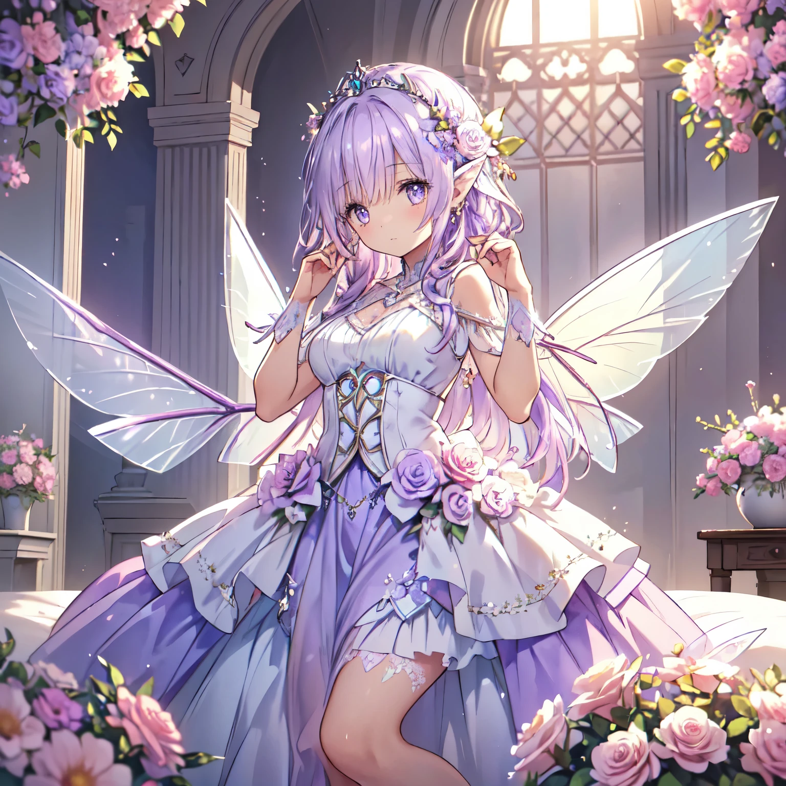 (highest quality, Very detailed, beautiful, Exquisite, 16k, Full HD), Looking down,(Sleep on your back,On the bed),((soft, Sparkly layered dress)),A large and beautiful dress inspired by rose flowers, Hanabubuki,The screen is surrounded by flowers,Frills,Decorated with rhinestones、Ball gown with intricate waves,(Art Station, Fantasy art:1.2), pastel colour,((Giant white fairy wings:1.5)),(fluffy hair,tiara,anklet,Long eyelashes, beautiful purple eyes,Cheeks are pale pink,fluffy),Dazzling Light, Warm lighting,Bright light,Romantic light,Light purple hair,Glasses