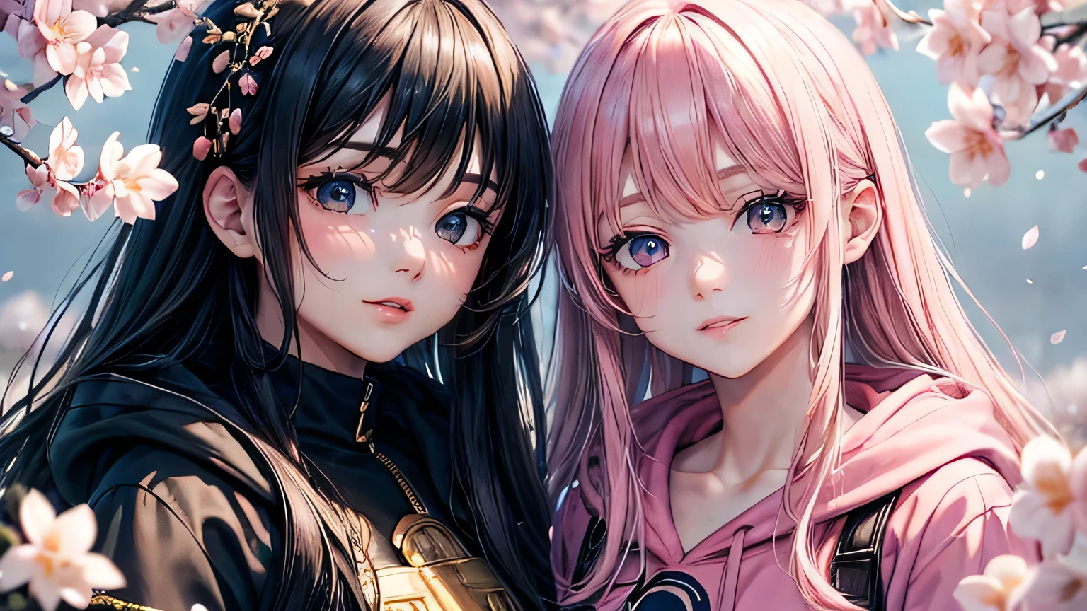 (oil, masterpiece, highest quality, Super detailed, Focus on the characters), Handsome man and pretty woman looking at each other、cherry blossoms，Detailed hair depiction,([return:0.8]|[ face facing returnwards:1.1]), 
hoodie,([Night cherry blossoms tree-lined scenario:1.2]|[ ground:1.3]| [High Contrast:1.1])  