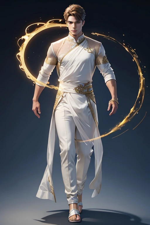 full body photorealistic handsome Hunky light bender, wearing white and gold transparent mesh clothing,,light and smoke circle everywhere
