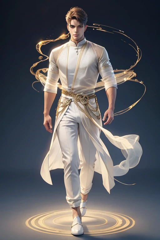 full body photorealistic handsome Hunky light bender, wearing white and gold transparent mesh clothing,,light and smoke circle everywhere