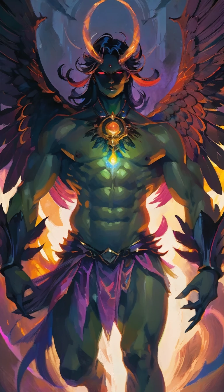 tarot card, (best quality,4k,8k,highres,masterpiece:1.2),ultra-detailed,realistic:1.37,epic art,colorful scary angel,(Apterus:1.5),oil painting,angry eyes,dark wings,vibrant colors,mysterious background,heavenly atmosphere,glowing halo,intense emotions,expressive brushstrokes,haunting presence,ethereal beauty,foreboding shadows,ominous lighting,dramatic composition,demonic features,sharp and detailed feathers,distinctive textures,contrast between light and dark,awe-inspiring,otherworldly,divine,fantasy theme,mythological creature,impressive wingspan,dynamic pose,ominous clouds,fallen angel,intricate details,captivating,unforgettable,visually stunning