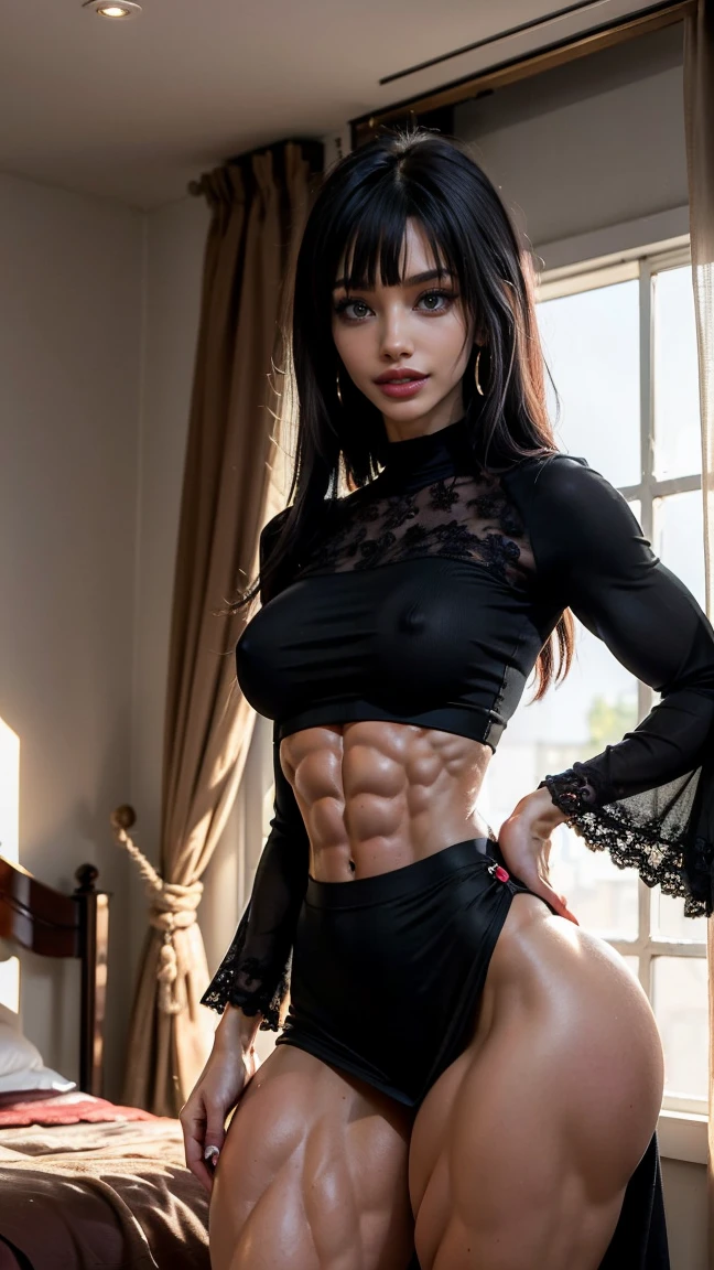 (Muscular:2), (thick muscular thighs:2.2), (asian female:1.5), pale skin, (straight black hair, blunt bangs:1.5), adult, (glasses), earrings, (eyeshadow:1.5), (black lipstick:1.5), (upper body view:1.5), (hard :1.1), small breastsy breasts:1.4), hic look with a lace-trimmed maxi skirt, a lightweight blouse with bell sleeves, midriff, all black:1.6), (sculped muscles:1.6), detailed eyes, (athletic body:1.5), (muscular body:2), (looking at viewer), (seductive smile:1.4), dark bedroom, rim lighting, two tone lighting, dimly lit, clean skin, low key (DETAILED SKIN)