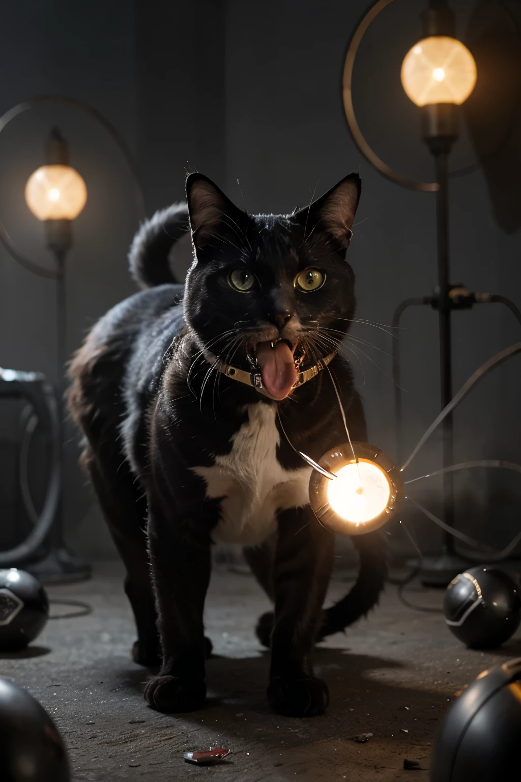 a futuristic cyborg cat with glowing robotic parts, sharp claws, and glowing eyes, sleek and shiny, charging up balls of energy in its mouth, fighting a monster in a sci-fi environment